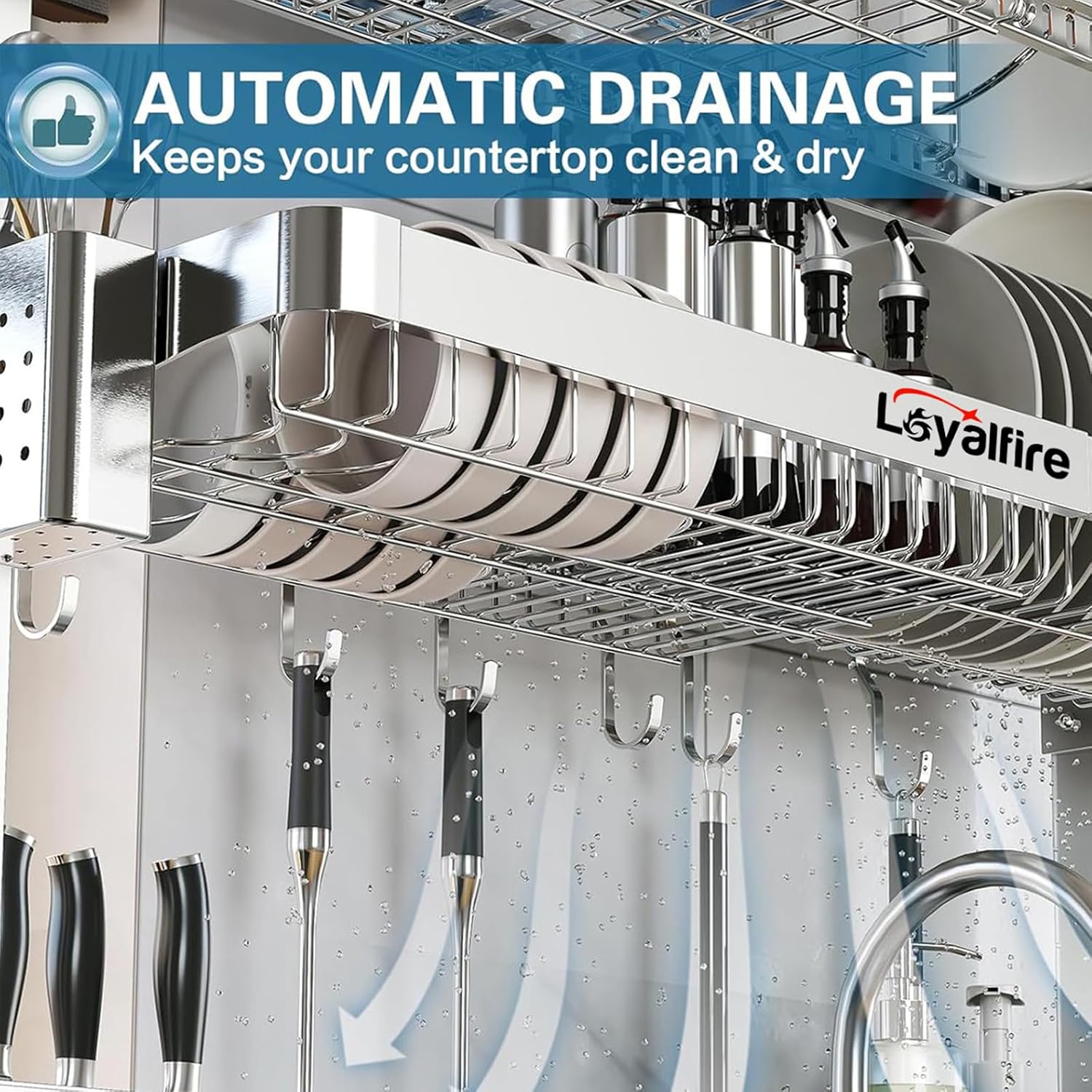 Loyalfire Over Sink Dish Drying Rack, 3 Tier Adjustable Length (20.87'' to 37.6'') Full Stainless Steel Large Storage Kitchen Dish Rack, Expandable Drainer Shelf Rack with Multifunctional Organizers