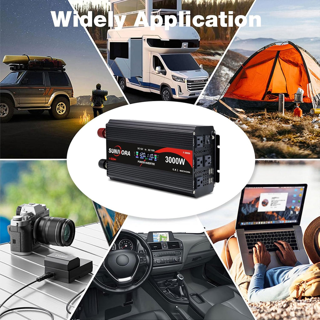 3000 Watt Power Inverter 12V to 110V/120V DC to AC Converter 6000W Peak, with Remote Control & LCD, 4 AC Outlets & 4 USB Ports Power Inverters for Vehicles Car Truck Boat RV Camping Solar System EPS