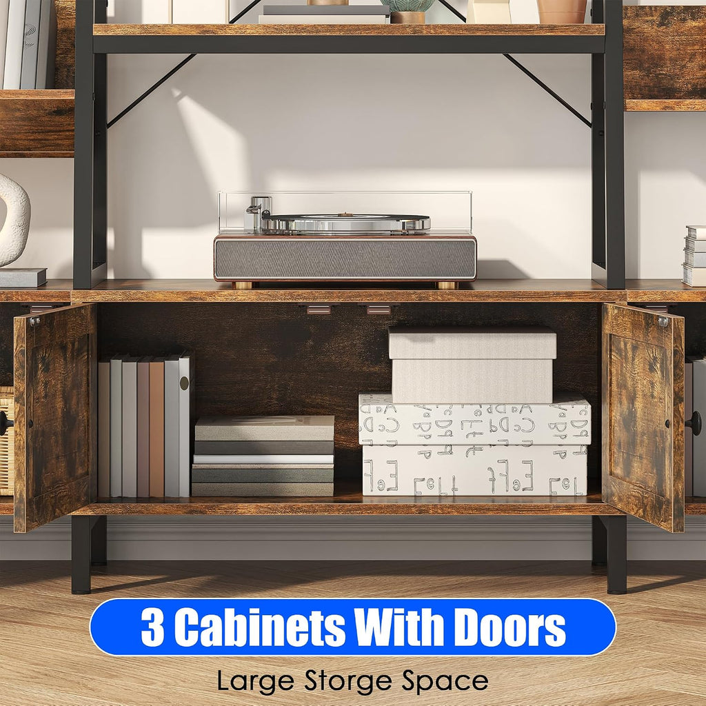 Nosepen Ladder Bookshelf with 4 Doors, 4 Tier Triple Width Large Open Storage Shelving, Industrial Style Capacity Home Office Bookcase with Adjustable Shelves, Display Cabinet Brown