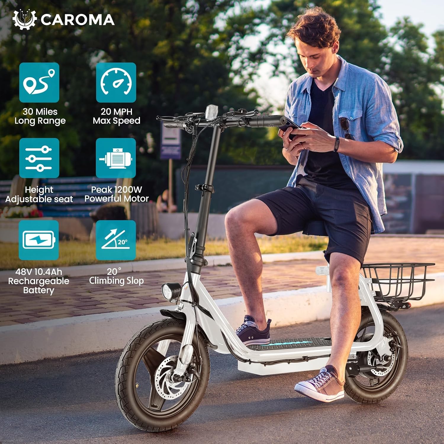 Caroma Electric Scooter with Seat for Adults, 1200W/800W Peak Motor, 30Miles Long Range & 20Mph, 14' Fat Tire Foldable E Scooter with Basket for Commuting, Grocery, Pets