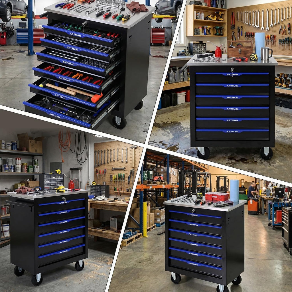 6-Drawer Rolling Tool Chest with Stainless Steel Countertop,Tool Chest with Secure Locking System,Mobile Storage Tool Cabinet with 360°Wheels and Padded Feet,for Home,Garage (Black+Blue)