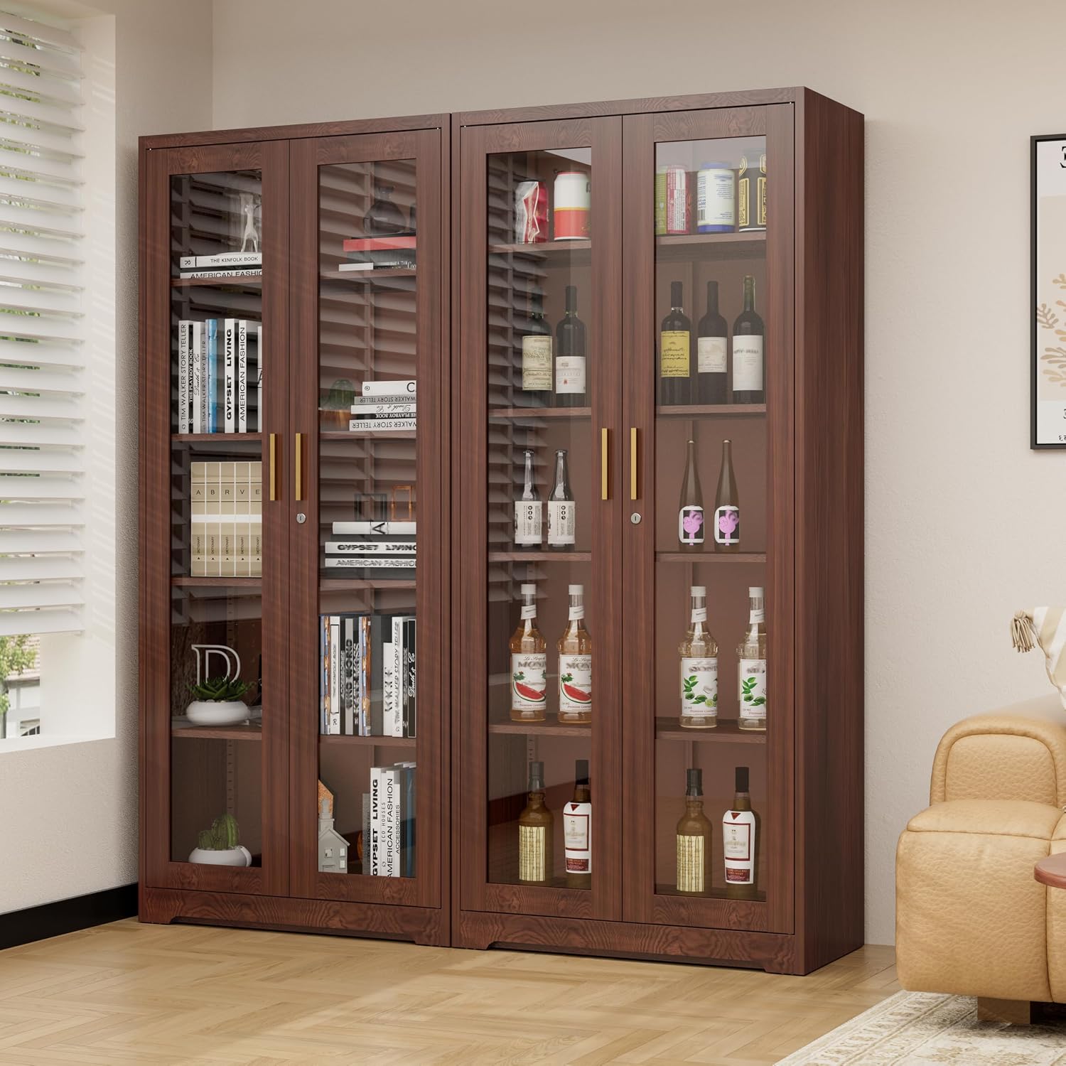 SteeLoong 71' Glass Display Cabinet with Lock,Curio Cabinet with Glass Doors, Metal Display Case with 4 Adjustable Shelves, Brown Bookcase Locking Storage Cabinets for Living Room, Kitchen，Commercial