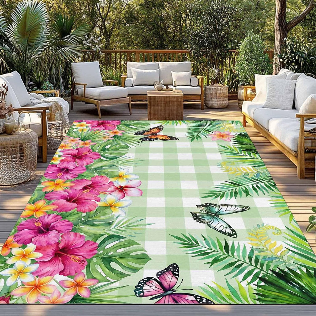 Outdoor Rug 5x8ft Tropical Plants Burmese Gardenia Flower Patio Area Rugs Waterproof Easy Cleaning Non Shedding Thick Mats Butterflies Carpet for Indoor Outdoor Porch Deck Backyard Balcony