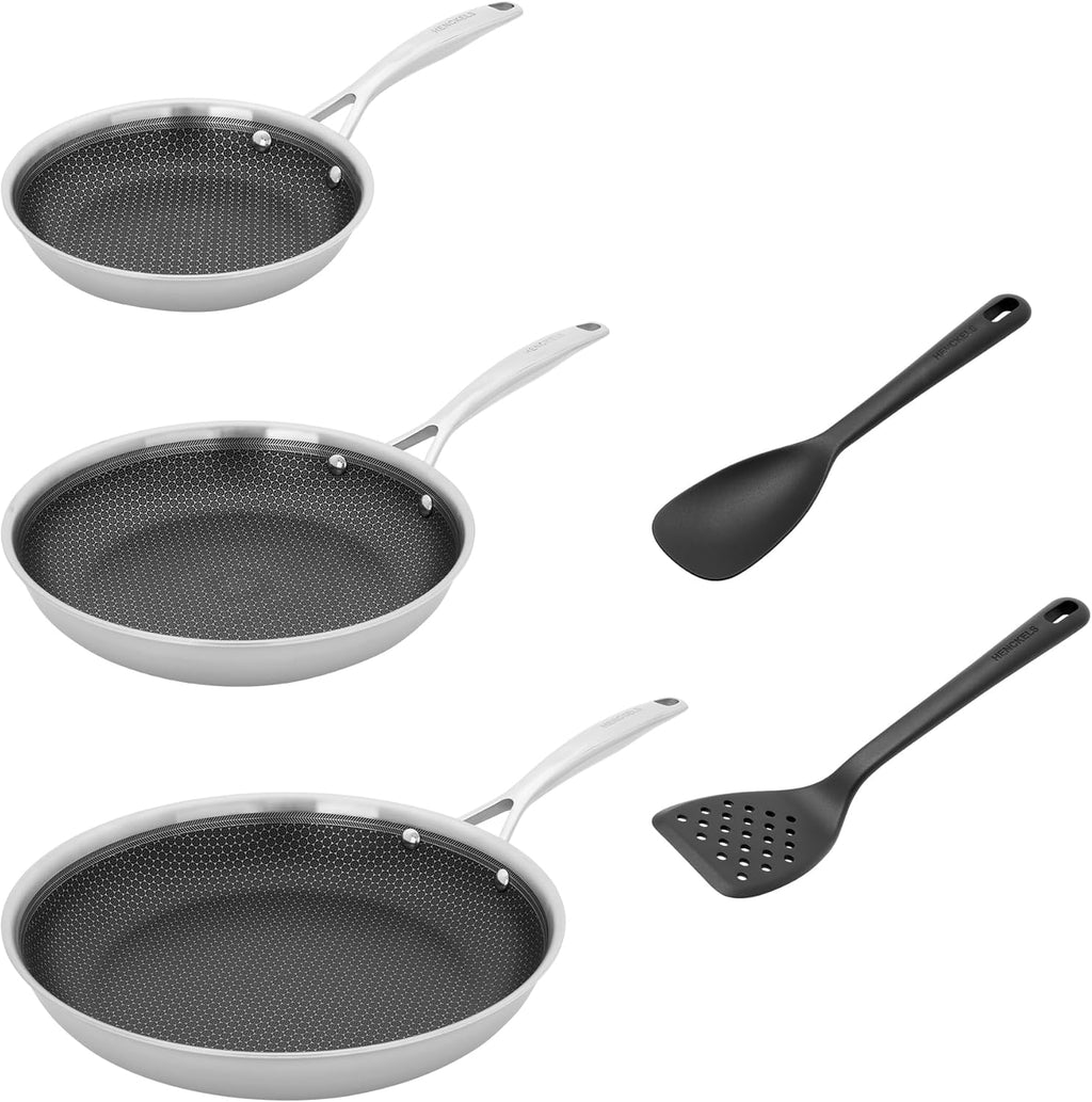 HENCKELS Paradigm 5-pc Cookware Set, Nonstick Frying Pan and Silicone Utensil Set, 3-Ply Stainless Steel Skillets for Induction Cooktop, Gas & Electric Stovetops – Dishwasher Safe & Oven Safe