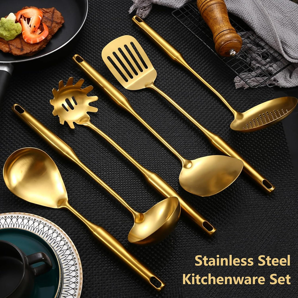 304 Stainless Steel Cooking SILS Set Kitchenware Set Dishwasher Safe with SIL Storage Bucket 6 Pcs Gold Kitchen SILS Set Non Toxic Non Stick Non-SLI，Gold