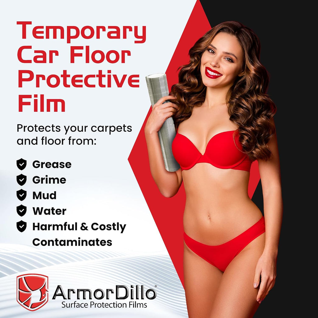ArmorDillo Dealer Must Remove Floor Mats – 1 Roll, 24' x 600' Clear Plastic Film | Automotive Carpet Protection Adhesive Roll for Car Detailing, Service Shops, and Disposable Floor Covers