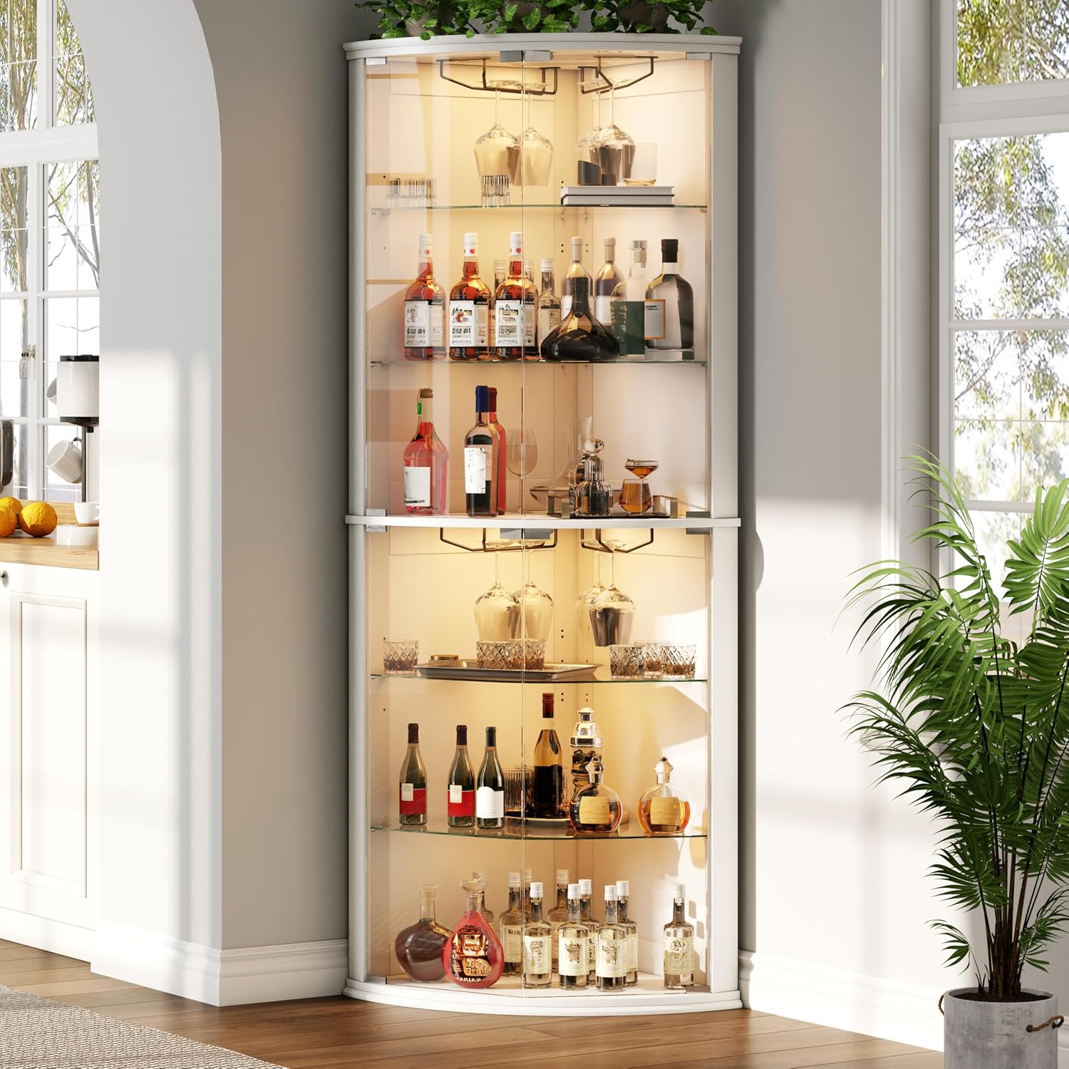 Loomie 70' Corner Bar Cabinet with LED Lights, 6-Tier Modern Wine Cabinet with Glass Door & Glass Holder, Tall Home Bar Liquor Cabinet with Adjustable Shelves for Dining Room, Living Room (White)