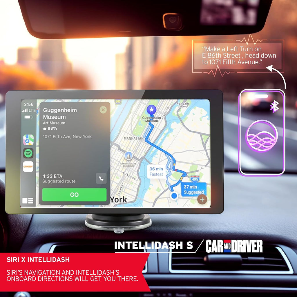 Car and Driver INTELLIDASH 7' HD Touchscreen – Portable Apple CarPlay Wireless Android Auto Screen for Car, Bluetooth Stereo, Backup Camera Support, Mirror Link, GPS Navigation, Siri, Google, SiriusXM