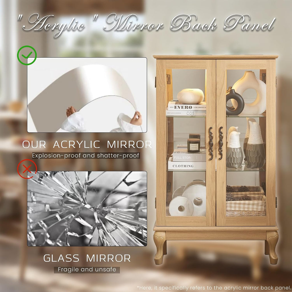 44' Small Lighted Glass Accent Curio Cabinet, Vintage China Cage with 2 Tempered Glass Doors & Adjustable Shelves, Acrylic Mirrored Pane, Elegant Wine Artwork Showcase Rack for Living Room (Oak)