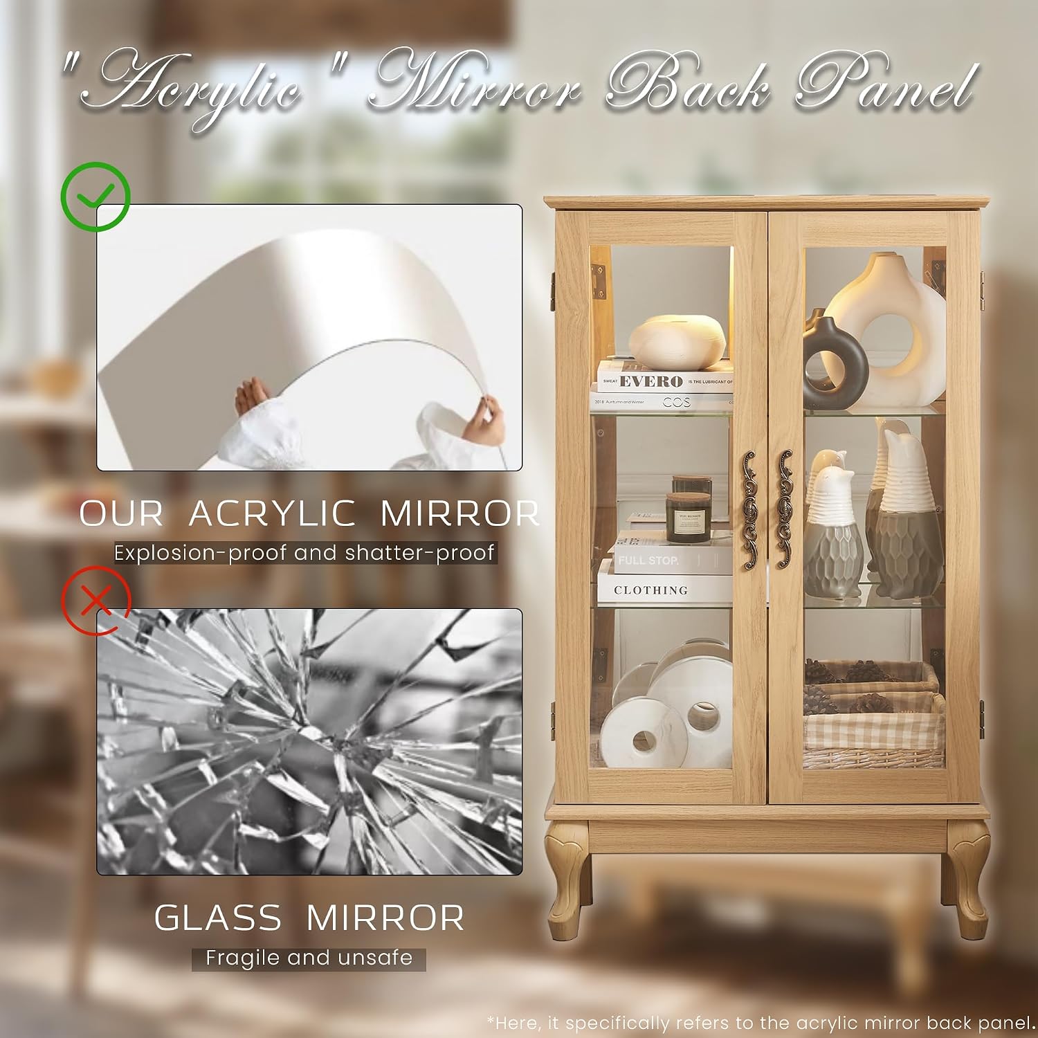 44' Small Lighted Glass Accent Curio Cabinet, Vintage China Cage with 2 Tempered Glass Doors & Adjustable Shelves, Acrylic Mirrored Pane, Elegant Wine Artwork Showcase Rack for Living Room (Oak)