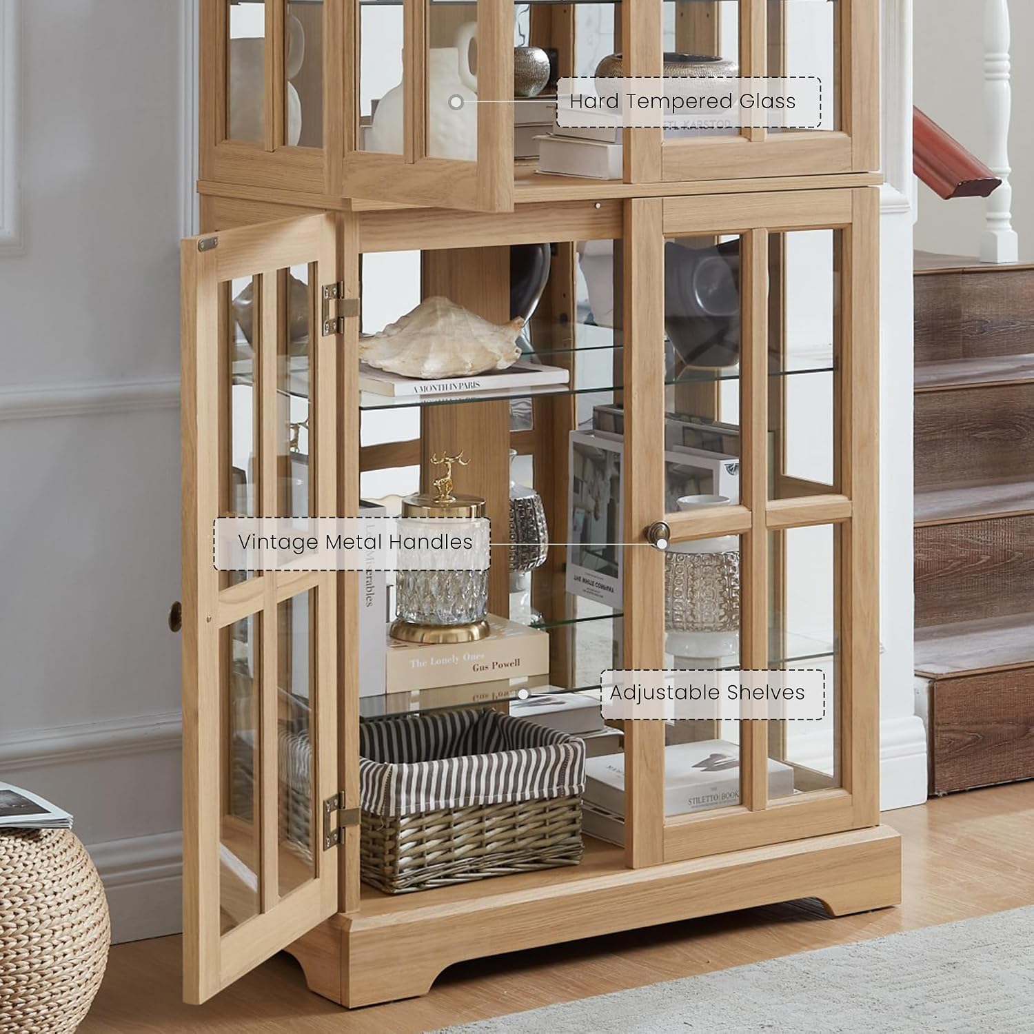 Glass Display Cabinet, 69' H Curio Cabinet with Adjustable Shelves and 4 Glass Doors, Light Bulb Included, Elegant Antique Showcase, Rack for Living Room/Home Office (Oak)