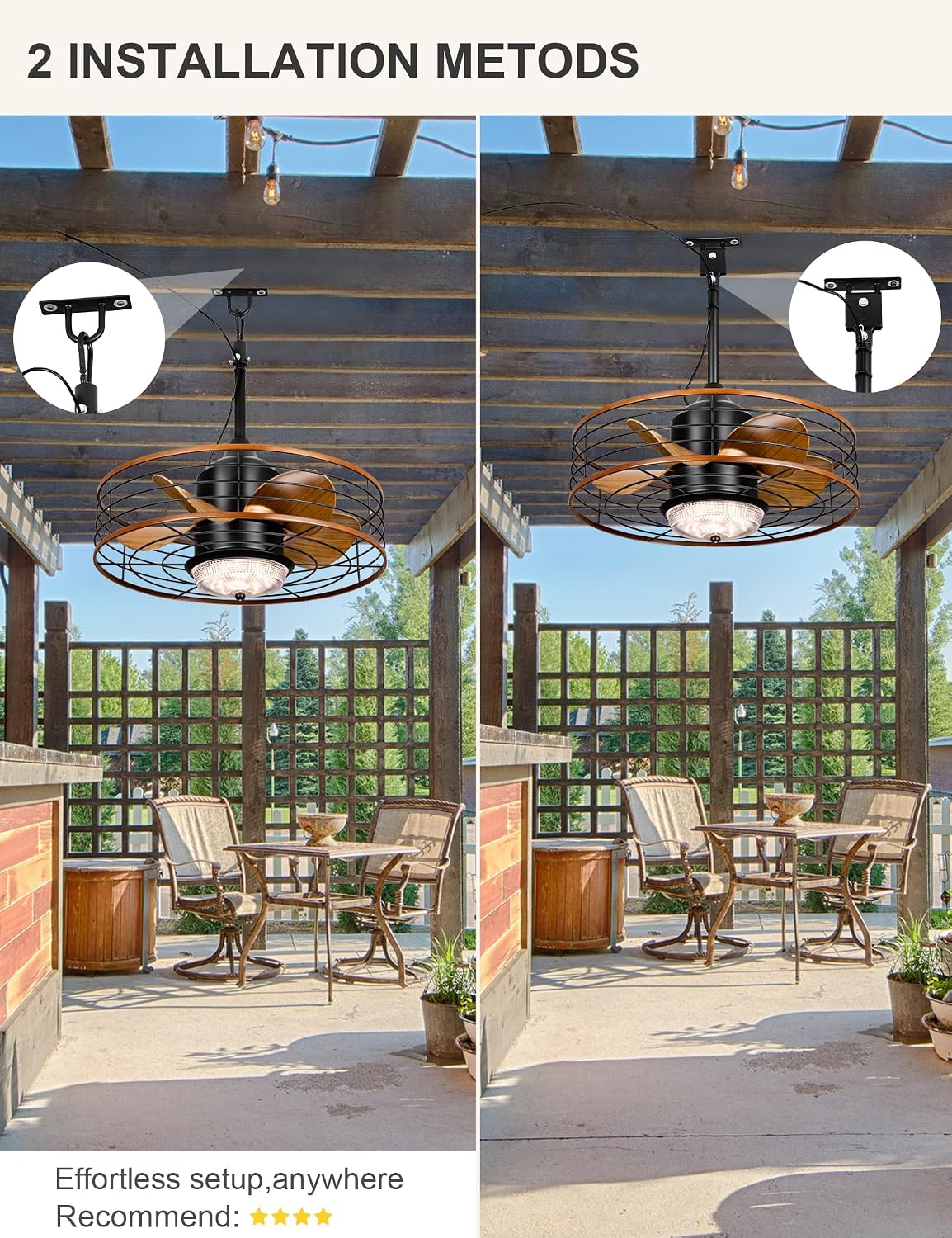 Dawn Whisper 20' Outdoor Ceiling Fans with Lights Gazebo Fan Waterproof for Patio Hanging with Plug In Cord Caged Ceiling Fans for Pergola Porch