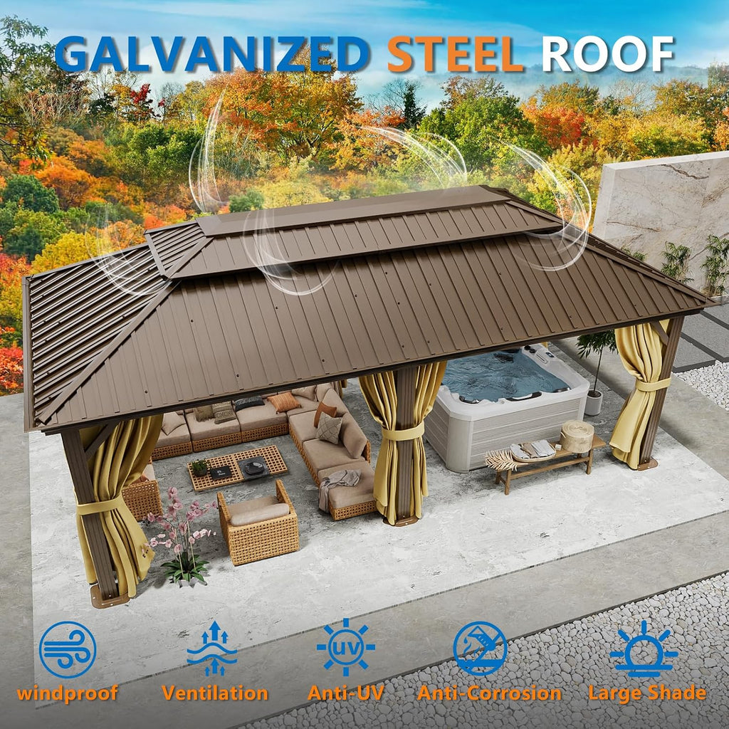 HOTEEL 12x20 Hardtop Gazebo on Clearance with Metal Roof & Drainage System, Heavy Duty Galvanized Steel Gazebo with Aluminum Frame, Privacy Curtains and Netting, for All-Weather, Brown(2026 Upgraded)