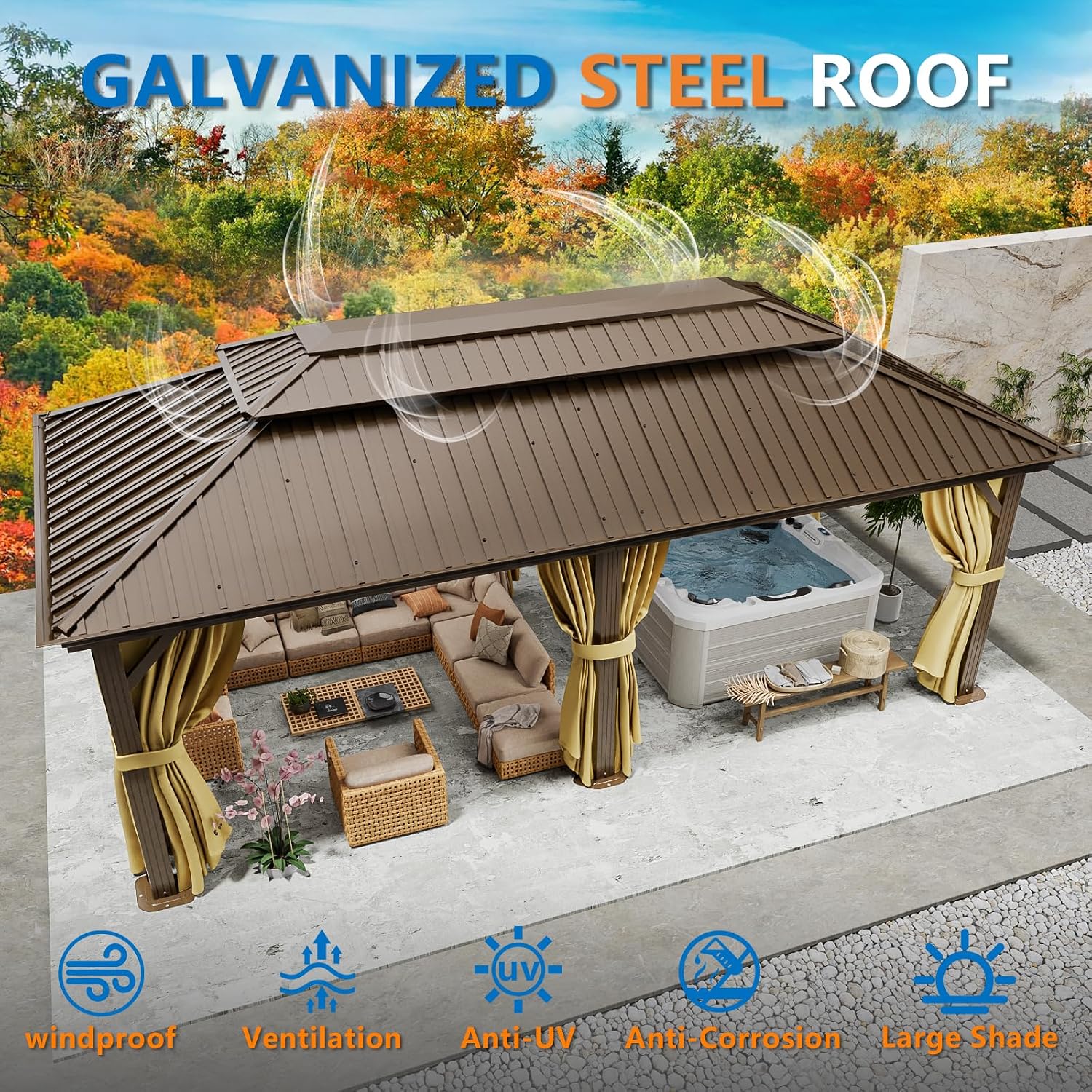 HOTEEL 12x20 Hardtop Gazebo on Clearance with Metal Roof & Drainage System, Heavy Duty Galvanized Steel Gazebo with Aluminum Frame, Privacy Curtains and Netting, for All-Weather, Brown(2026 Upgraded)