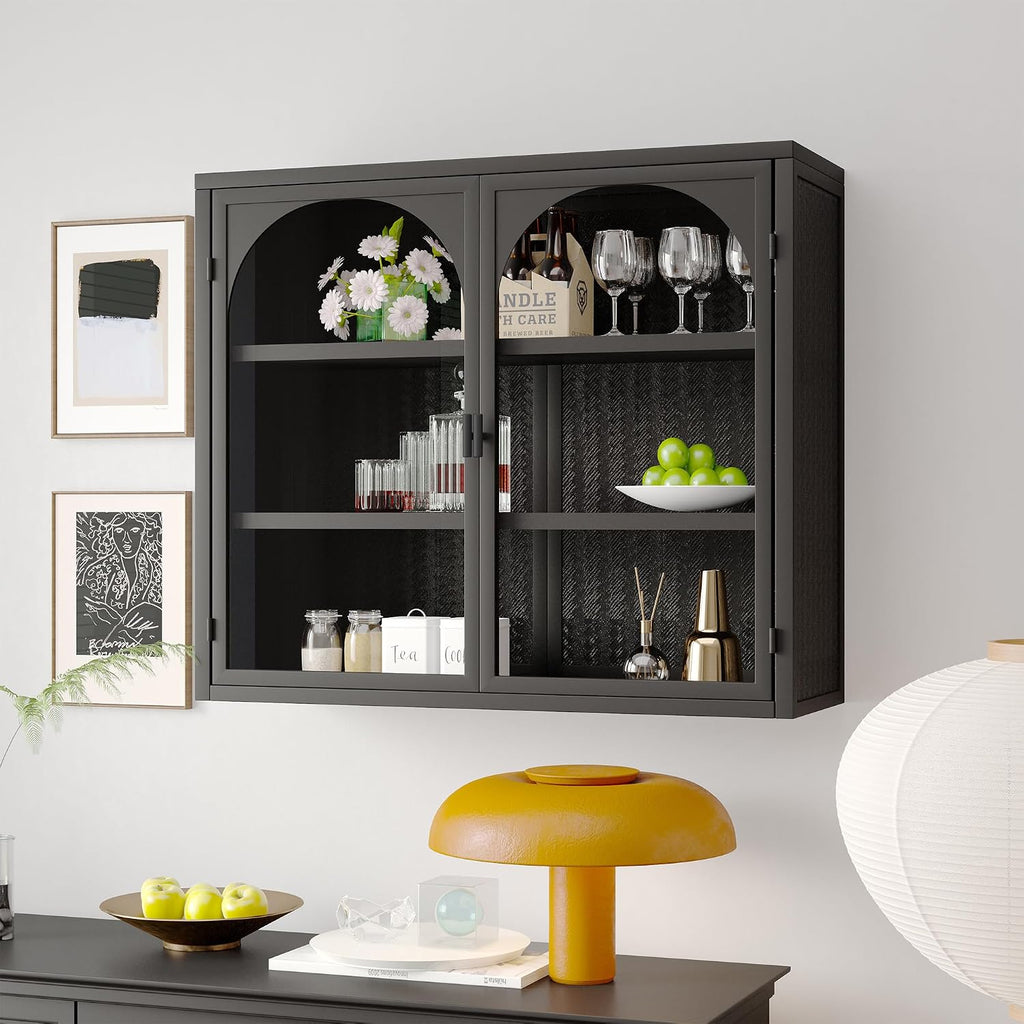 Retro Style Haze Double Glass Door Wall Cabinet with Detachable Shelves for Office, Dining Room,Living Room, Kitchen and Bathroom Mint Black