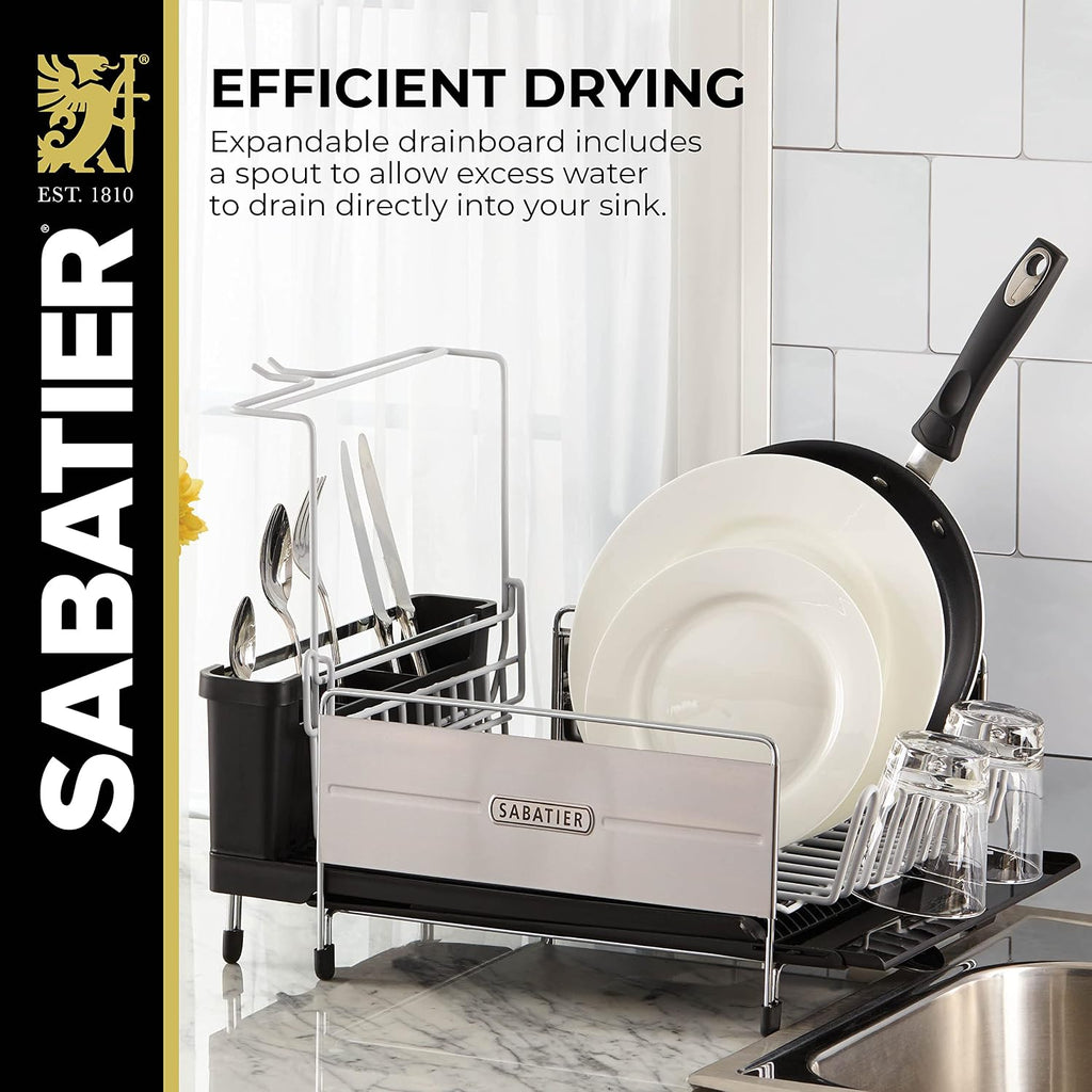 Sabatier Expandable Dish Drying Rack with Drainboard - Stainless Steel Dish Rack for Kitchen Counter, Stemware Holder and Utensil Caddy Included