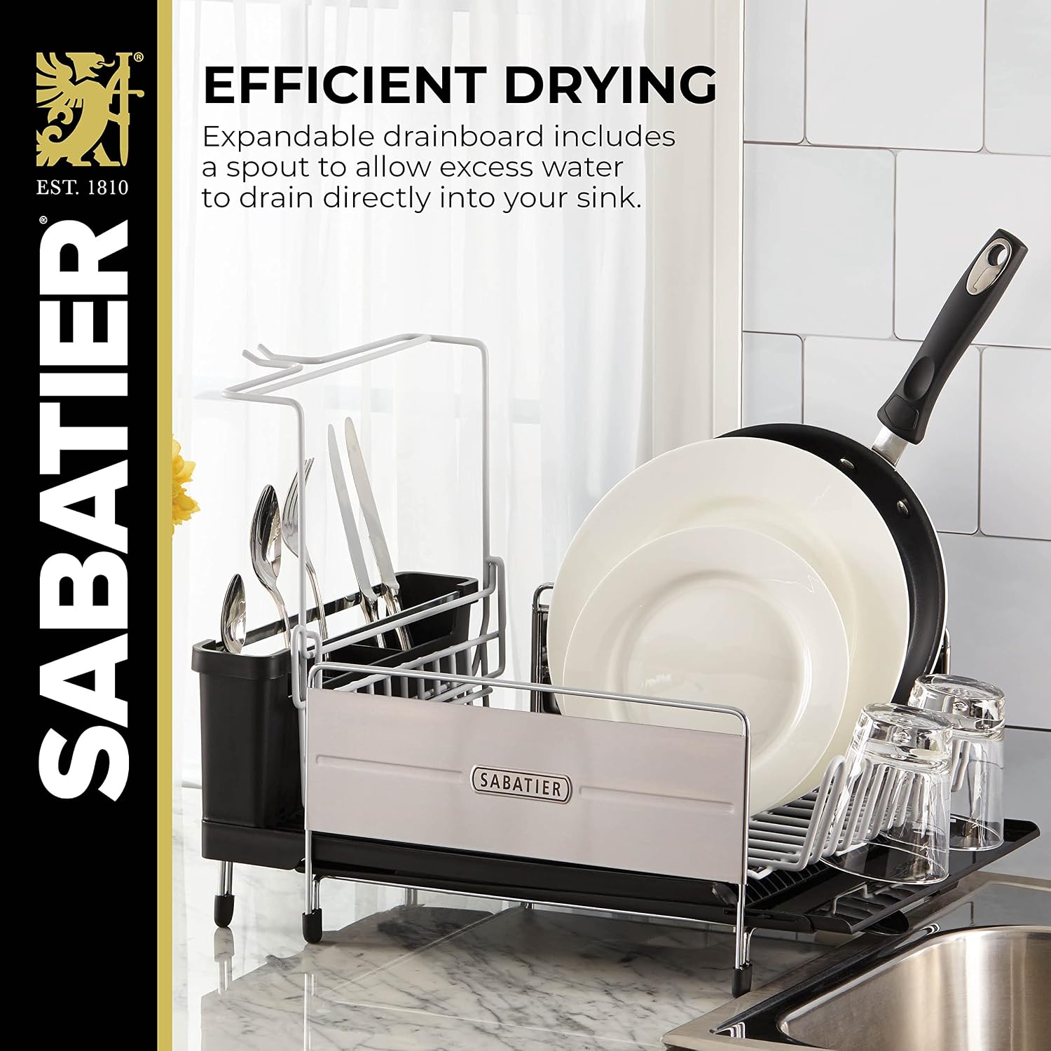 Sabatier Expandable Dish Drying Rack with Drainboard - Stainless Steel Dish Rack for Kitchen Counter, Stemware Holder and Utensil Caddy Included