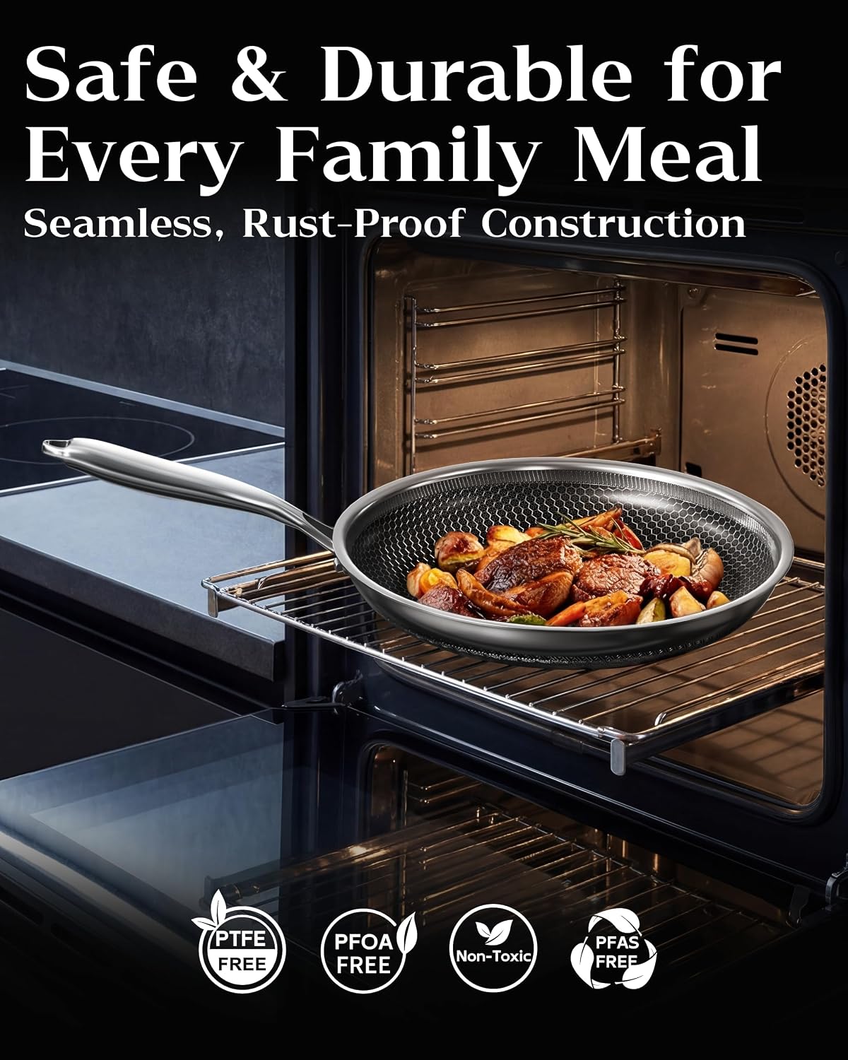 Nonstick Frying Pan Set with 3 Lids, 8+10+12 Inch, Honeycomb Stainless Steel Skillet Pans Set, PFOA-Free Scratch-Proof, Dishwasher & Oven Safe, Compatible with All Cooktops