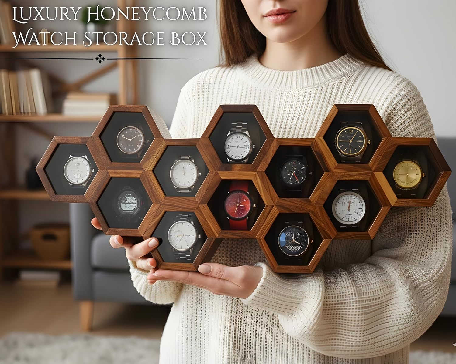 Extra Large 12 Slot Superior Rosewood Honeycomb Wall Mounted Watch Box Display Case Holder for Men, Vintage Hanging Watch Storage Organizer to Keep Watches Safe and Sophisticated