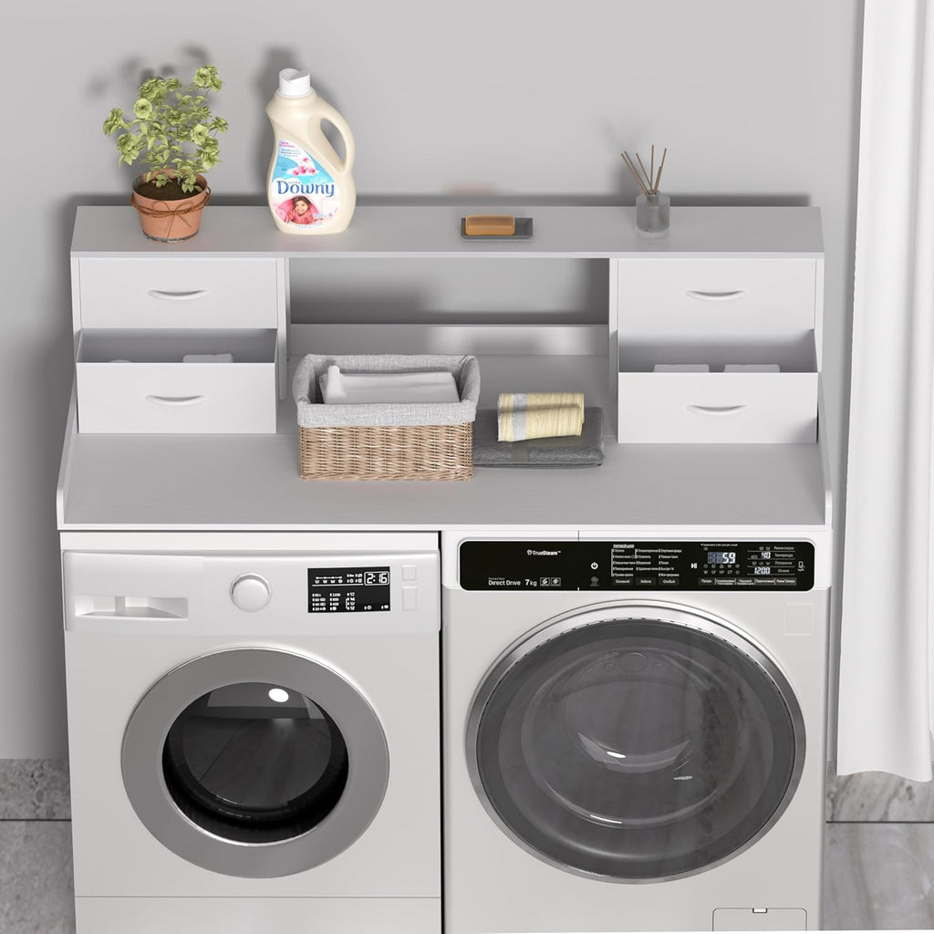 Unionly Washer and Dryer Countertop, 27.5' D x 53.9' W x 12.9' H Solid Wood Washer and Dryer Countertop with Organizer Shelves with Four Drawers for Laundry Room Organization (White)