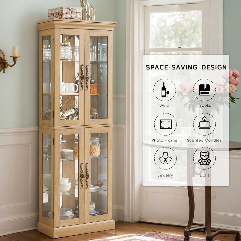 Lighted Curio Cabinet 71' Vintage Glass Display Case with Adjustable Shelves, 4 Tempered Glass Doors, Bulb Included, Wooden Square Wine Bar China Cabinet for Living Room Liquor Storage (Light Oak)