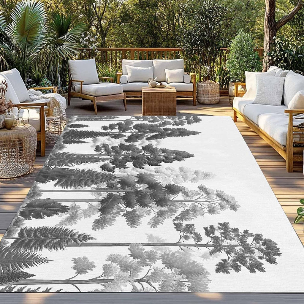 Outdoor Rug 4x6ft Black Gray Pine Tree Forest Maple Patio Area Rugs Waterproof Easy Cleaning Non Shedding Thick Mats Botanical Carpet for Indoor Outdoor Porch Deck Backyard Balcony