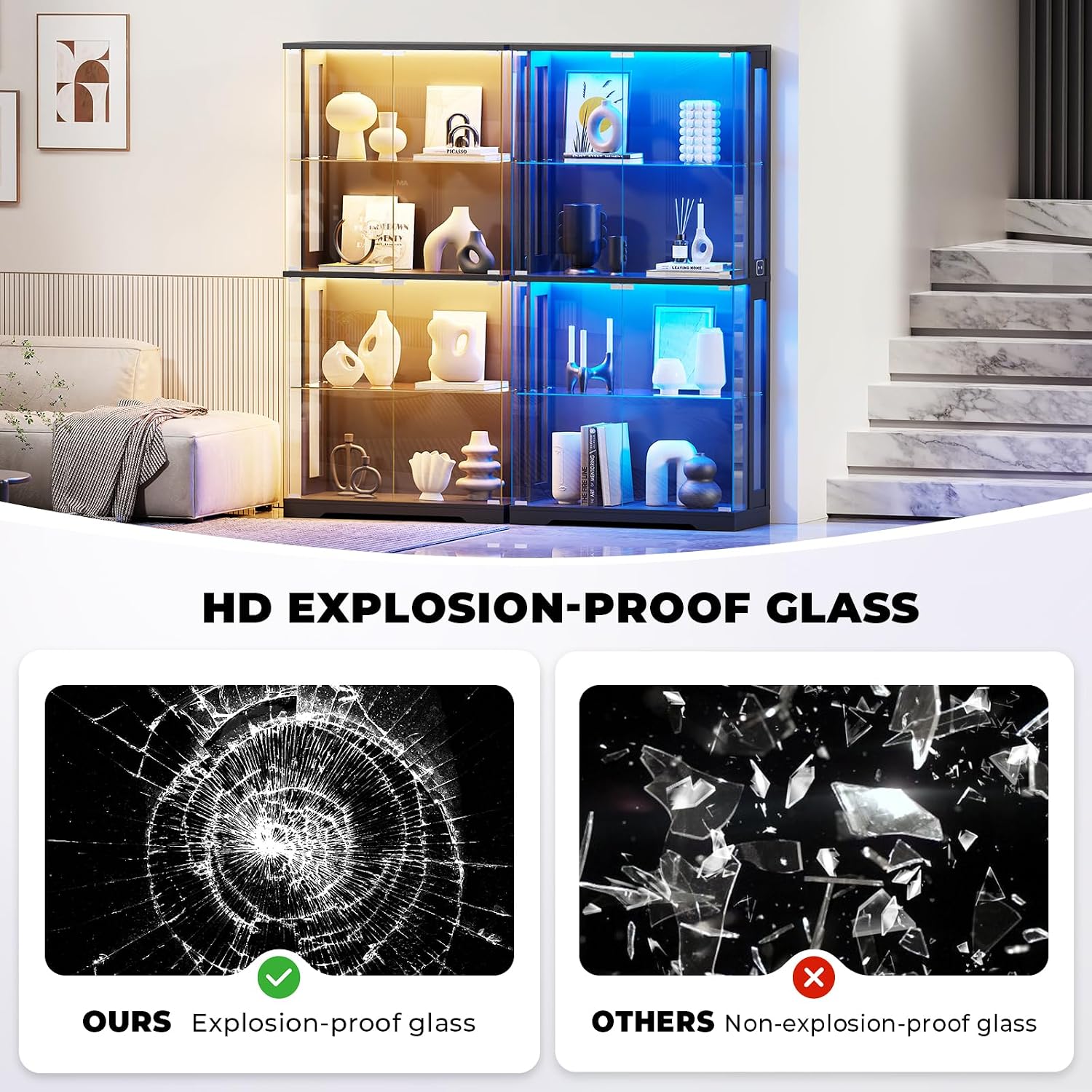 Display Cabinet with Glass Doors, 4-Tier Curio Cabinet with Transparent Full-Display Surface, 65' Glass Display Case with 3 Color Lights for Collectibles, Clear Case with Human Sensor Black