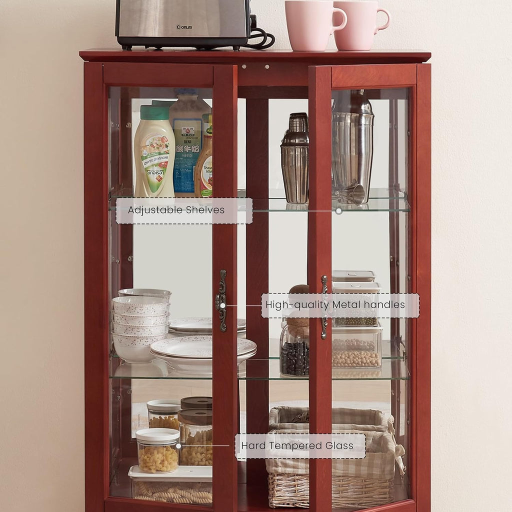 44' Small Lighted Glass Accent Curio Cabinet, Vintage China Cage with 2 Tempered Glass Doors & Adjustable Shelves, Acrylic Mirrored Pane, Elegant Wine Artwork Showcase Rack for Living Room (Cherry)