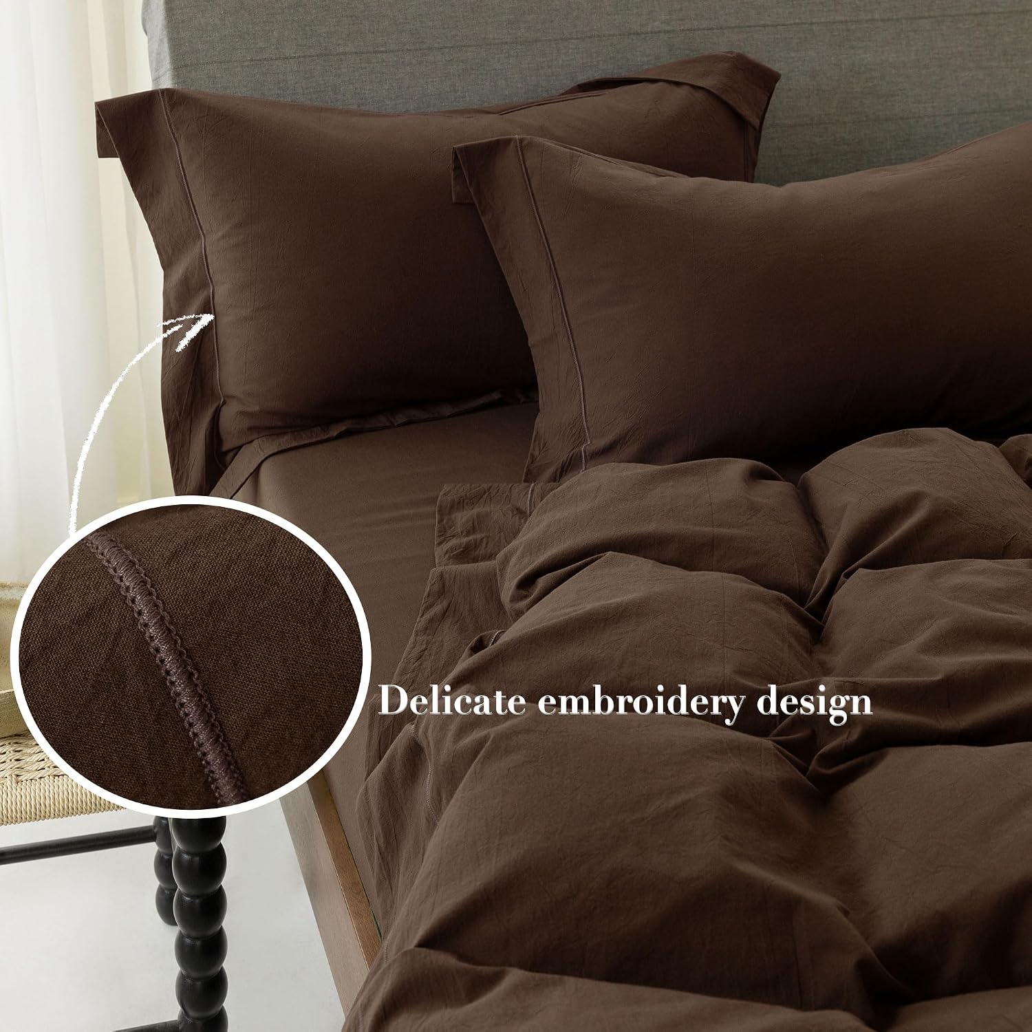 Cooling Duvet Cover Set 3 Pieces-100% Washed Cotton with Chic Wide Trim Design Linen Like Textured Ultra Soft Cozy Bedding with Zipper Closure(Hemmed Cocoa Brown,Oversized King 120'x98')