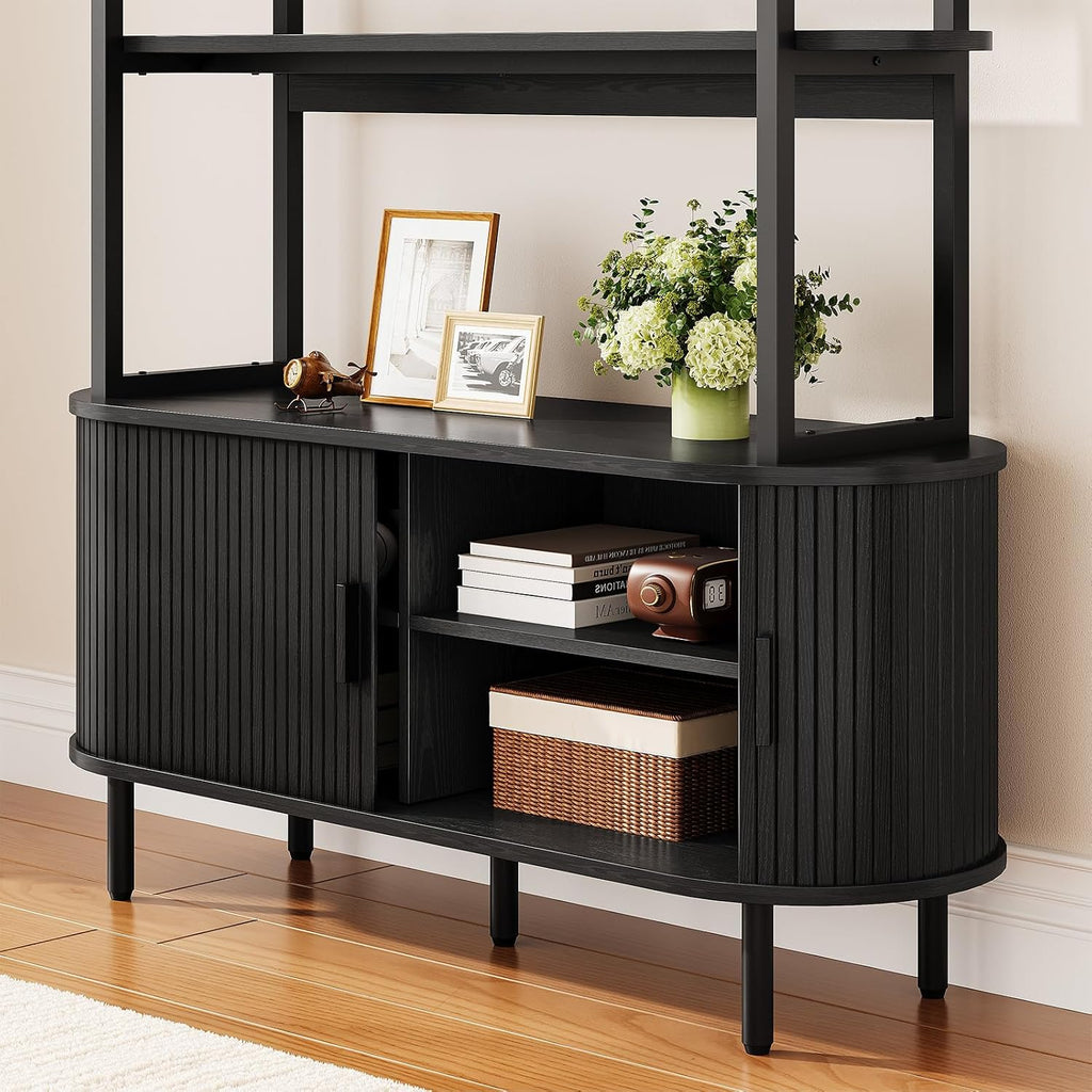 5 Tier Bookshelf with Fluted Cabinet, Tall Bookcase with Sliding Door, Metal and Wood Display Shelf, Free Standing Storage Shelving Unit, Corner Storage Organizer for Living Room, Home Office, Black