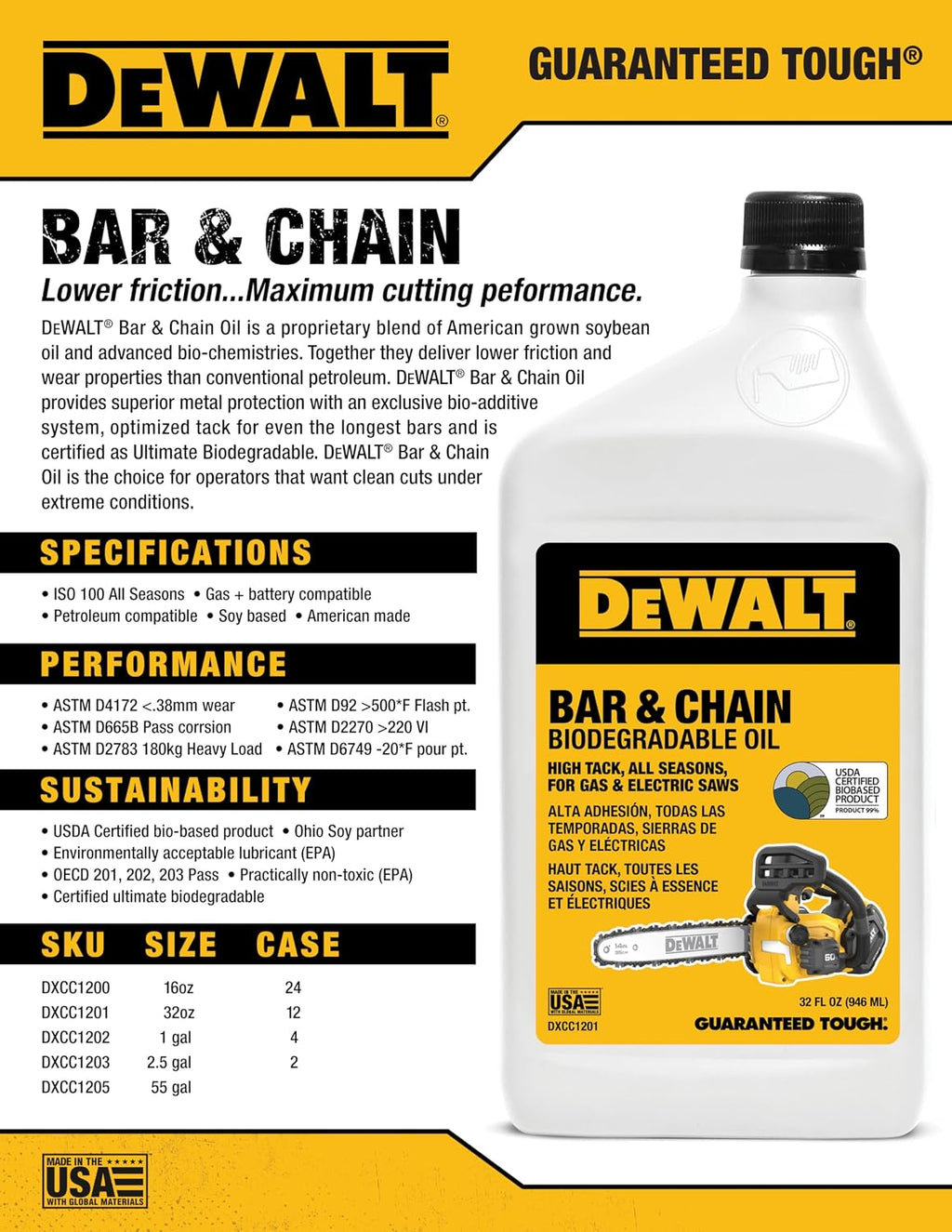 DEWALT – Biodegradable Bar & Chain Oil – Green, Eco-Friendly, Non-Toxic Professional Bar & Chainsaw Lubricant (1 Gallon (Case of 4))