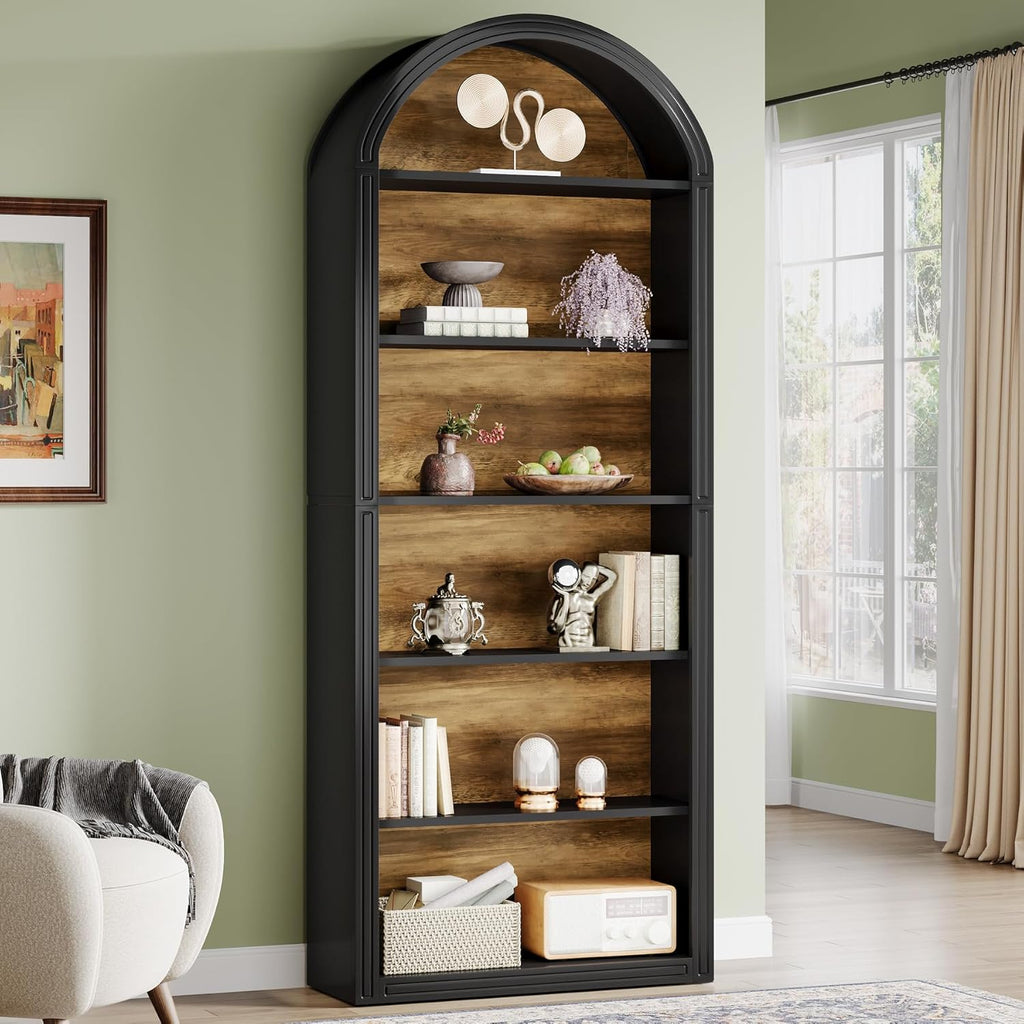 Tribesigns 6-Tier Black Arched Bookshelf, 77.16' Tall Arched Bookcase with Storage Shelves, Floor Standing Open Display Shelving Unit for Living Room, Bedroom, Home Office