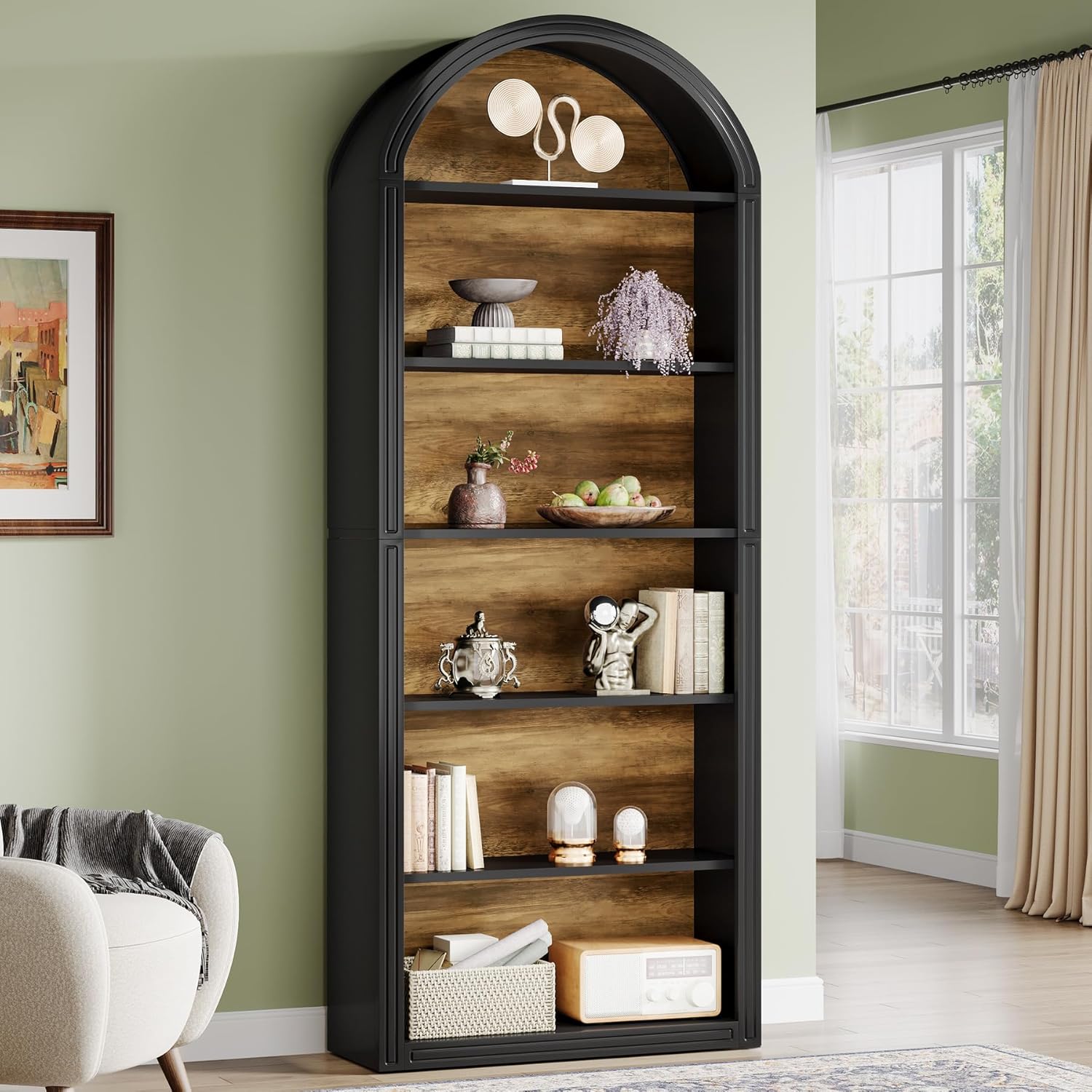 Tribesigns 6-Tier Black Arched Bookshelf, 77.16' Tall Arched Bookcase with Storage Shelves, Floor Standing Open Display Shelving Unit for Living Room, Bedroom, Home Office