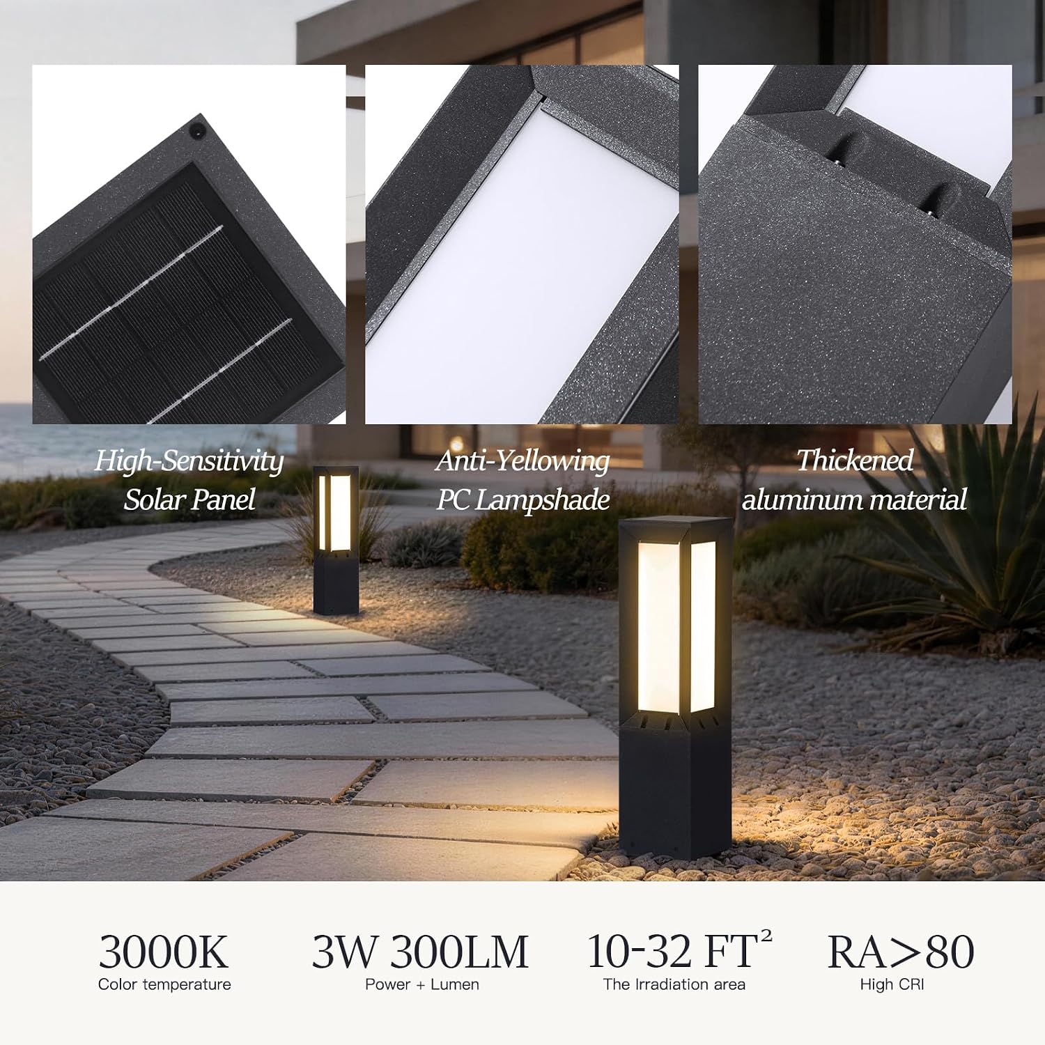 Modern Solar Pathway Lights Outdoor IP65 Waterproof, 23.62' Landscape Path Lights, Modern Commercial Pathway Lighting, 3000K LED Solar Bollard Light for Driveway Entrance Garage Courtyard