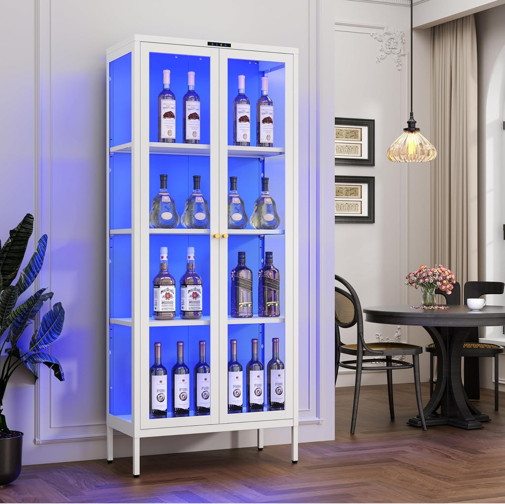 Polup Glass Display Cabinet with Glass Doors, Metal Curio Cabinet with 8-Color LED Lights, 66 Inch Tall Display Case for Collectibles, White Glass Cabinet for Living Room, Assembly Required