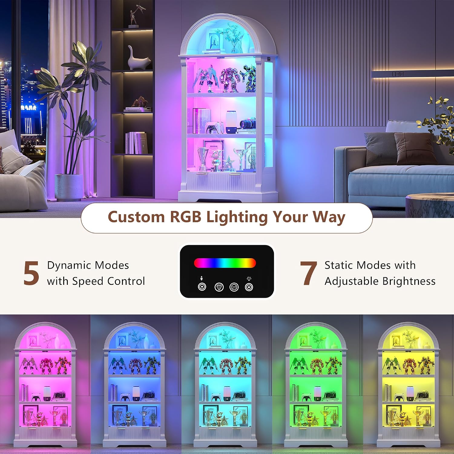 Dystler Curio Cabinet with RGB Lights, 72' Tall Arched Display Cabinet with Glass Doors, 4-Tier Large Shelf Display Case for Collectibles Bookcase Living Room, White