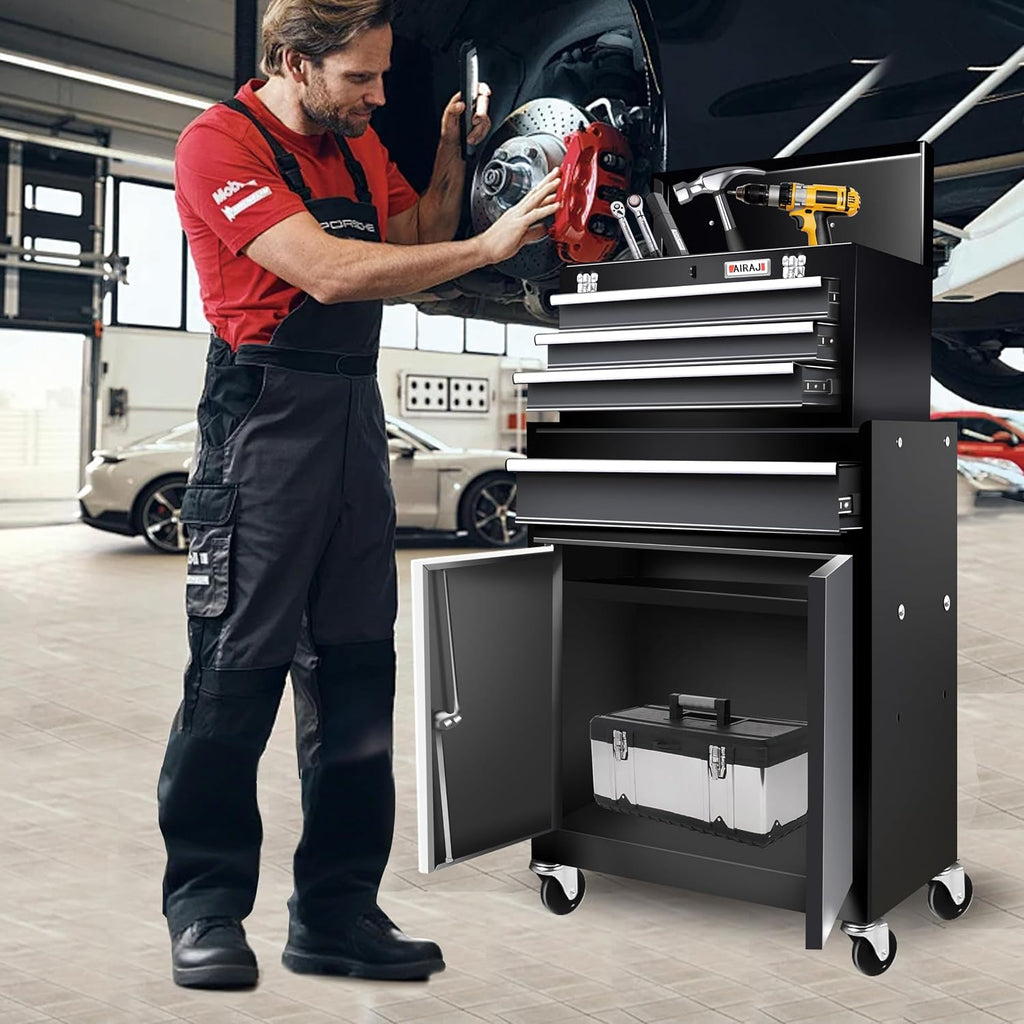 Rolling Tool Chest with Wheels,Double Door 4-Drawer Metal Tool Box,2 in 1 Detachable Tool Cabinets with Locking System for Garage,Warehouse,Workshop, High Capacity Tool Chest with Liners