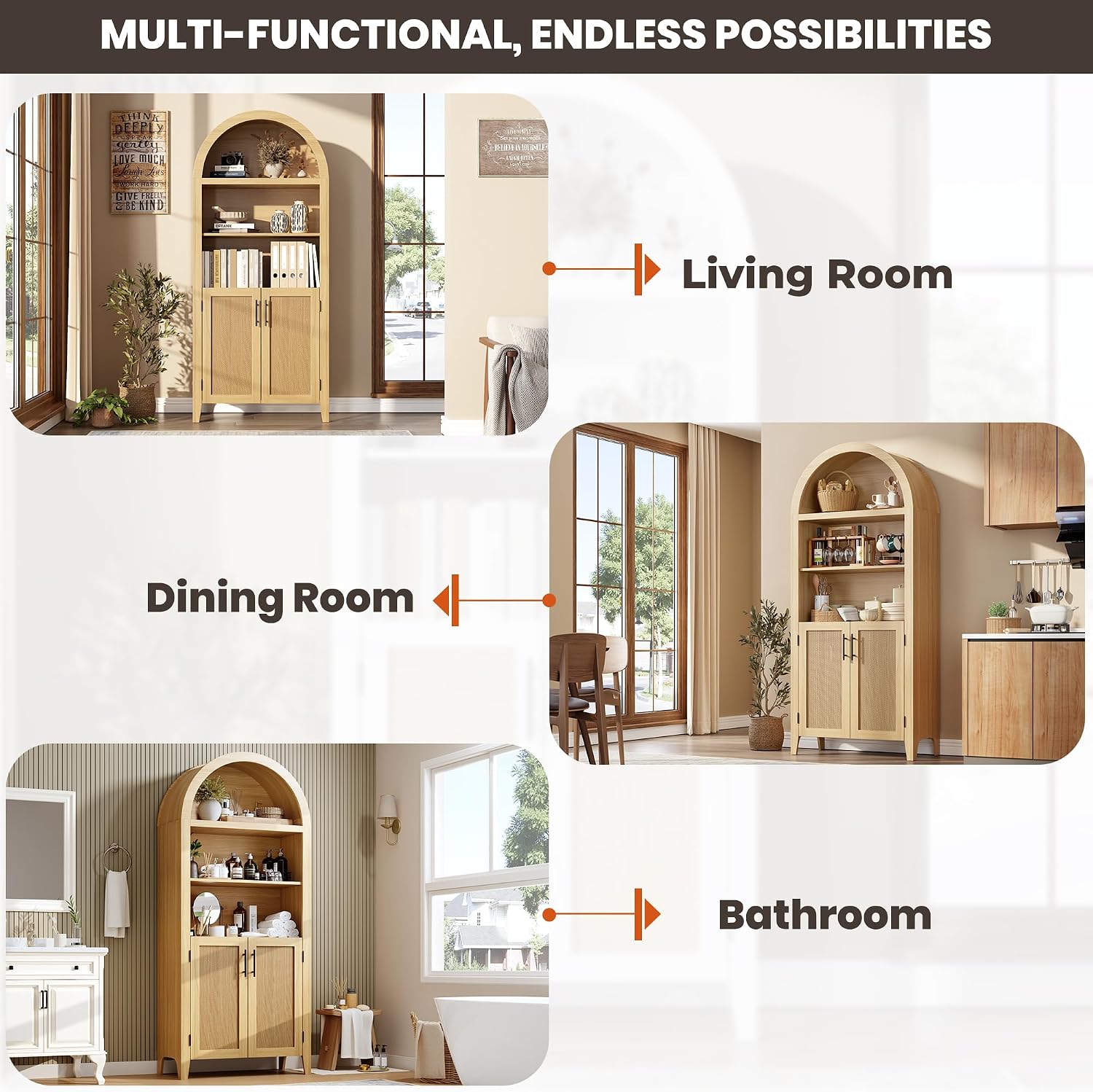 IDEALHOUSE Arched Kitchen Pantry Cabinet with Doors - 5-Tier Open Display Shelf with Rattan Decor, Farmhouse Storage Cabinet for Kitchen, Dining Room, Living Room, Natural
