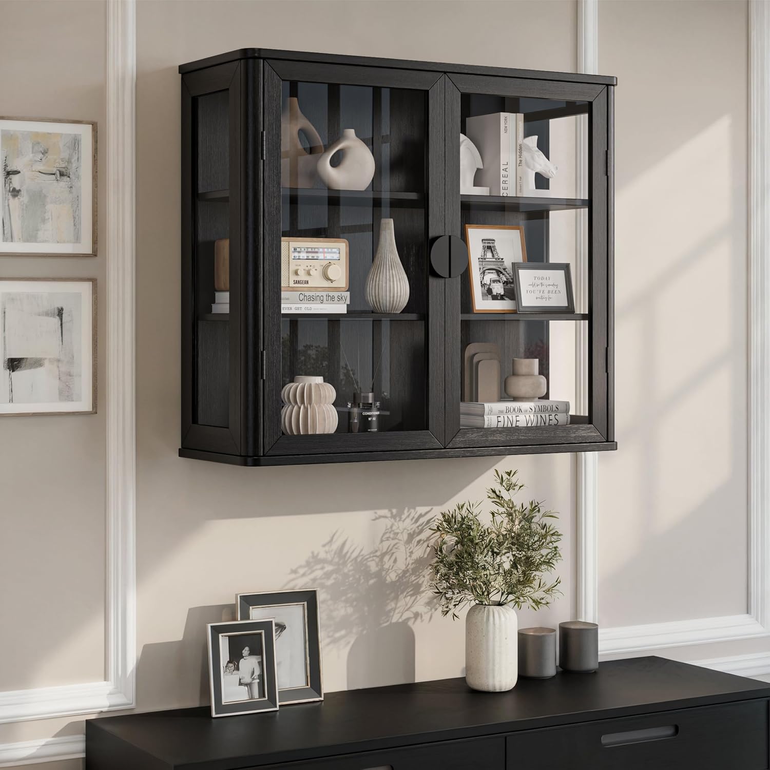 FIMELLO 28''W Wall Cabinet with Tempered Glass Doors, Bathroom Cabinet Wall Mount, Kitchen Wall Cabinet, Floating Cabinet for Bathroom, Wall Mount Salon Station for Barber, Beauty, Black