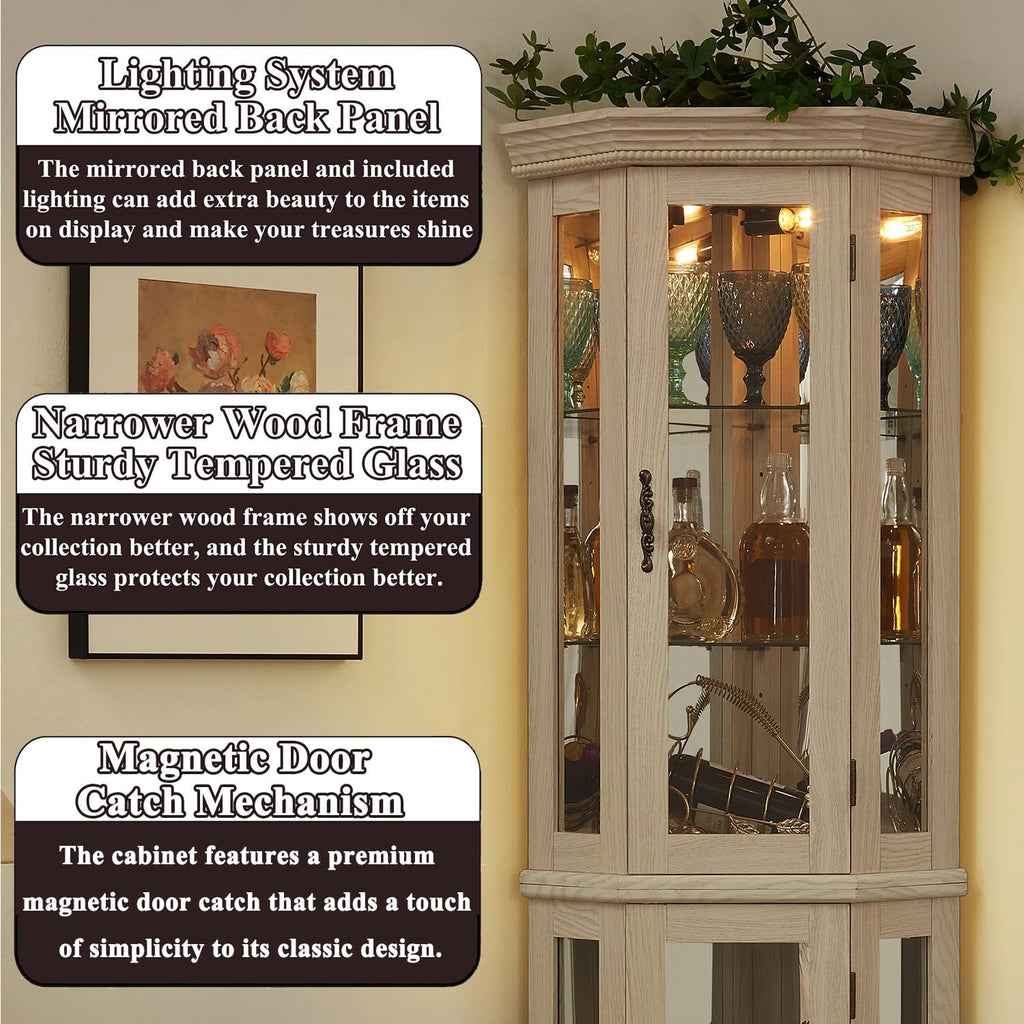 69'H Lighted Corner Display Cabinet, 6-Tier Wooden Curio Glass Cabinet with Adjustable Shelves & Glass Door, Corner Storage Display Case with Mirrored Back Pane for Living Room (Antique White)