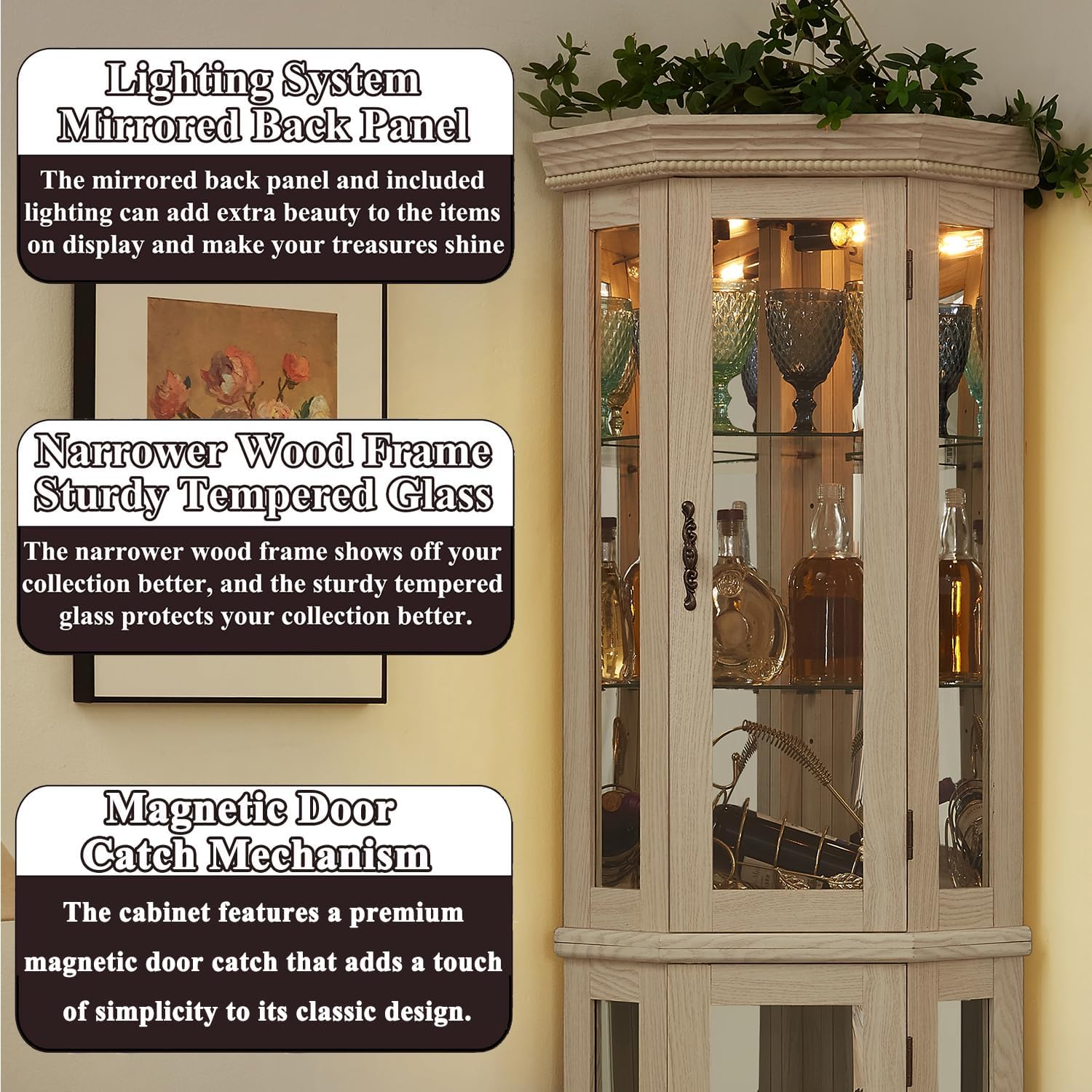 69'H Lighted Corner Display Cabinet, 6-Tier Wooden Curio Glass Cabinet with Adjustable Shelves & Glass Door, Corner Storage Display Case with Mirrored Back Pane for Living Room (Antique White)