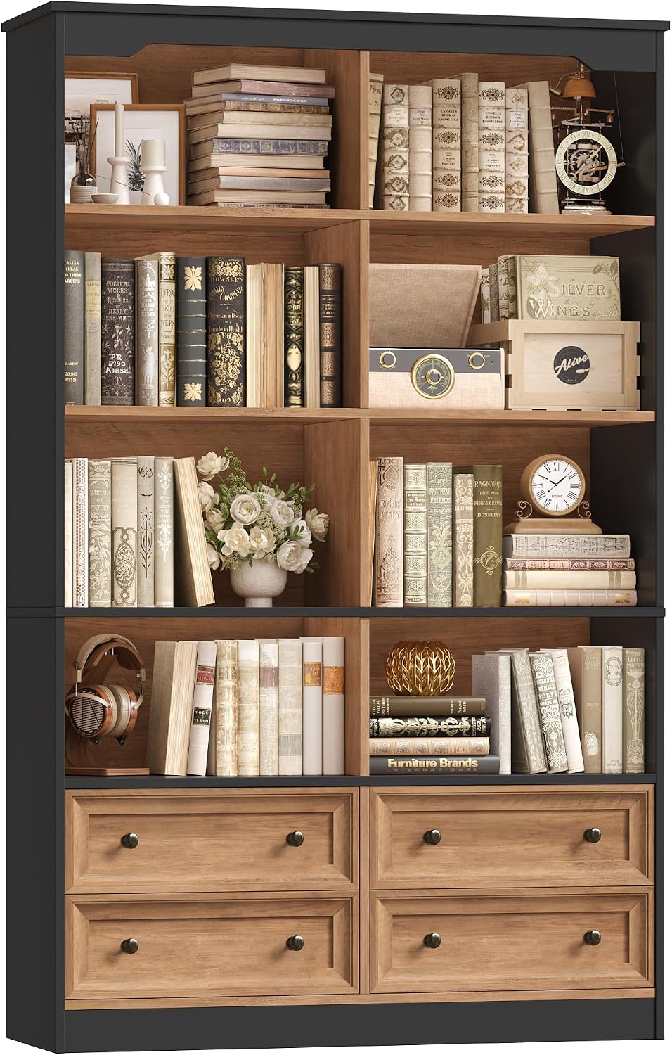 FINETONES 71' Tall Bookshelf with 4 Drawers, 6-Tier Double Wide Bookshelves and Bookcases with Storage, Tall Bookshelf Large Standing Book Cabinet for Home Office, Brown/Black