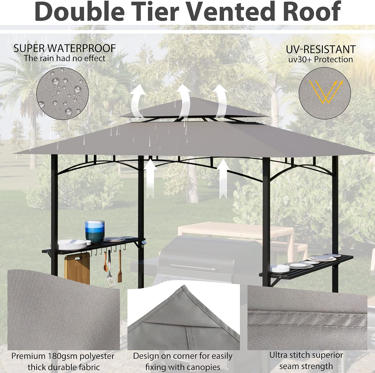 8X 5 FT Grill Gazebo Grill Canopy Double Tiered BBQ Gazebo Outdoor BBQ Canopy, Gray