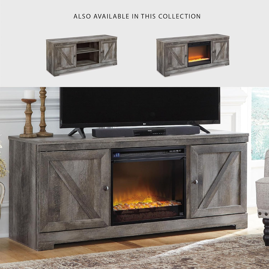 Signature Design by Ashley Wynnlow Farmhouse 63' TV Stand for TVs up to 72' with Electric Fireplace, Light Gray