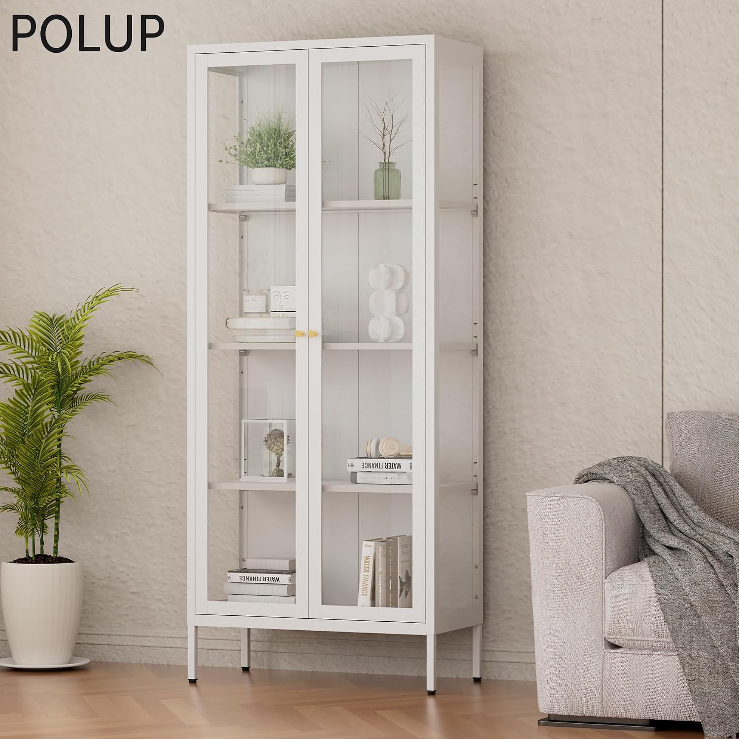 Polup Glass Display Cabinet with Glass Doors, White Curio Cabinet with 3 Side Tempered Glass, 66' Tall Bookcase Display Case for Collectibles, Metal Storage Cabinet for Living Room, Assemble Required