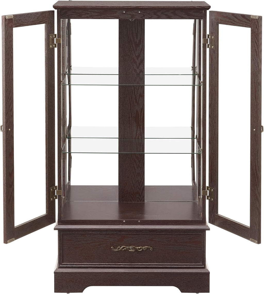 Display Cabinet with Glass Doors Drawer, Lighted Curio Cabinet with Adjustable Glass Shelves and Mirrored Back Panel, Retro Floor Standing Storage Cabinets for Living Room, Cherry