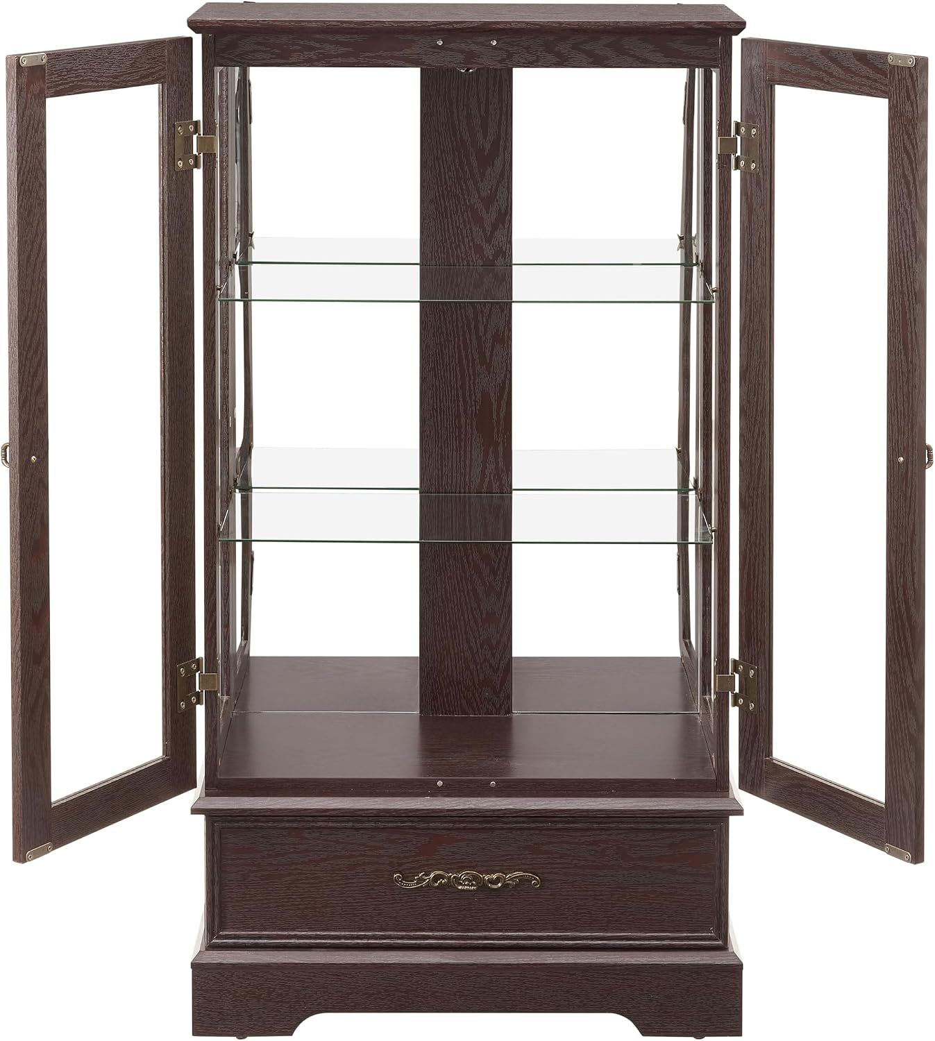 Display Cabinet with Glass Doors Drawer, Lighted Curio Cabinet with Adjustable Glass Shelves and Mirrored Back Panel, Retro Floor Standing Storage Cabinets for Living Room, Cherry