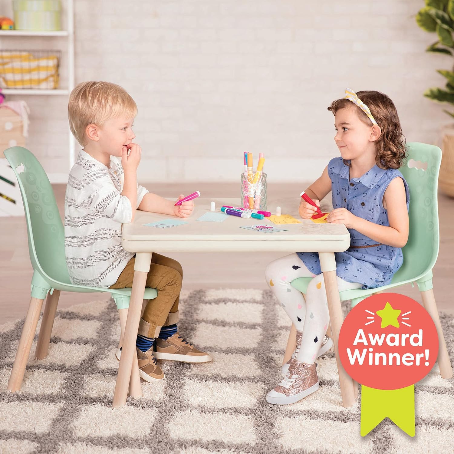 B. toys – Table and Chair Set – Furniture for Toddlers – 1 Craft Table & 2 Chairs – Natural Wooden Legs – Mint – 3+ Years