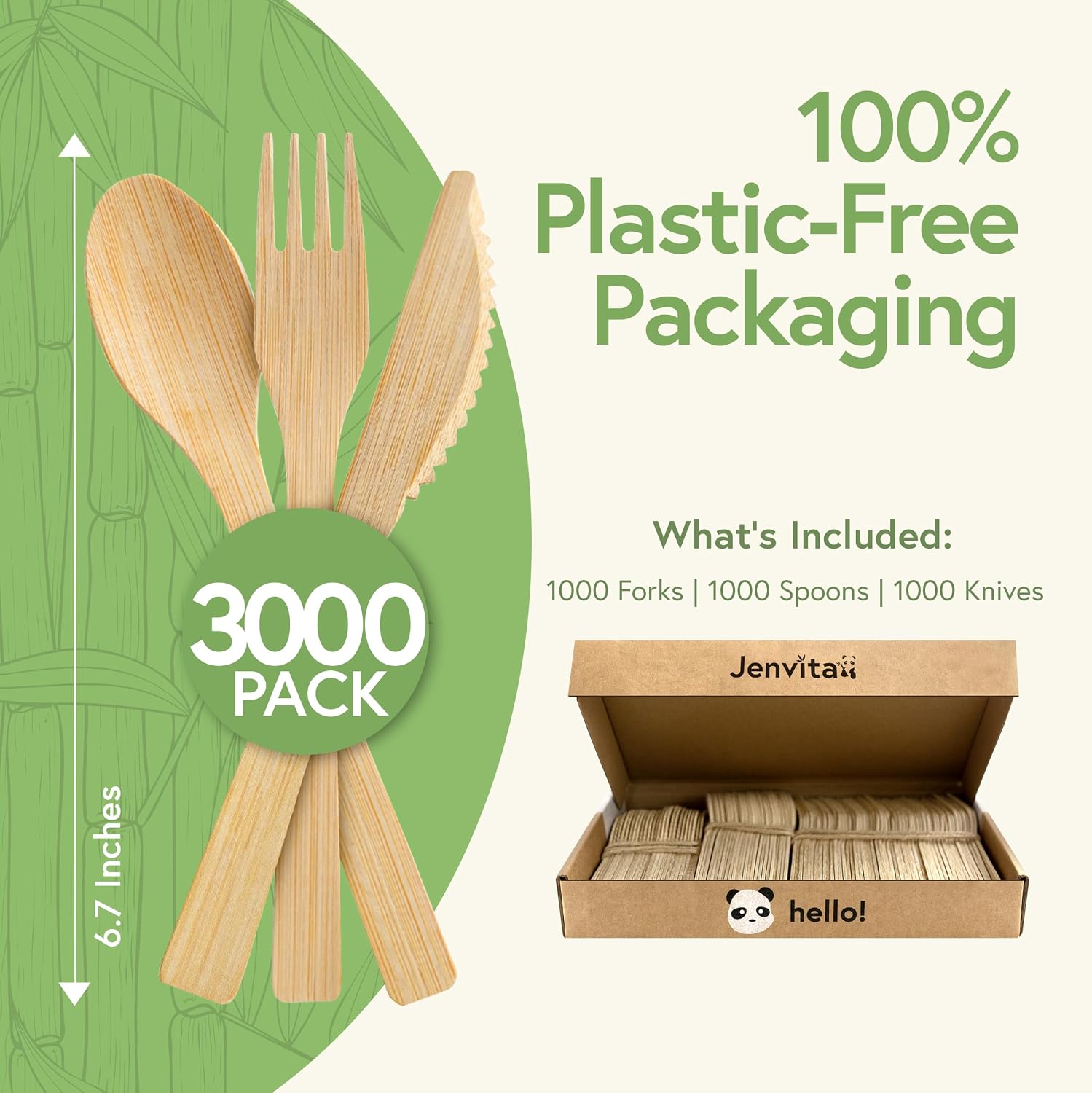 100% Bamboo Cutlery Set - 3000 Utensil Disposable Set (1000 Forks, 1000 Spoons, 1000 Knives) | Reusable or Disposable Utensils for Party | FSC Certified Flatware for Weddings, Camping, Parties