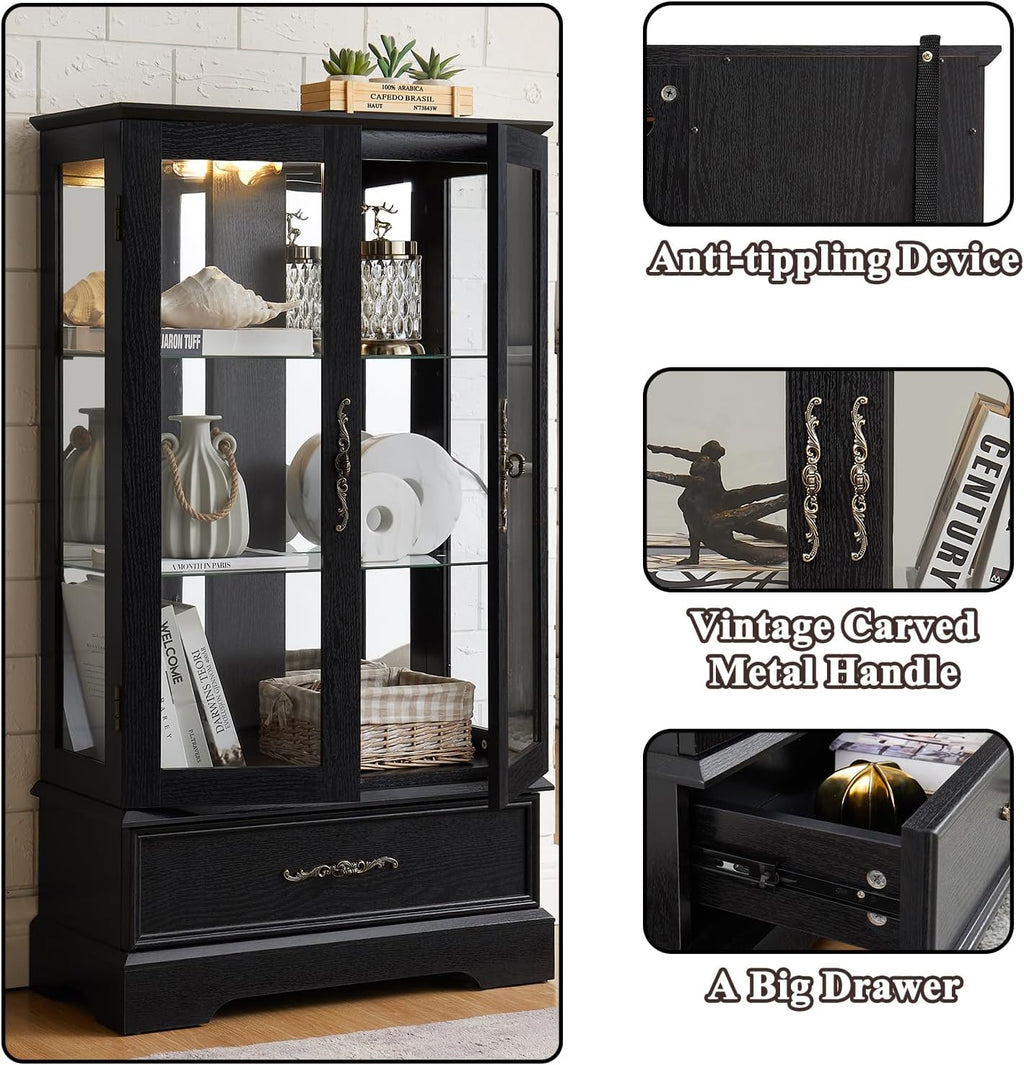 47' H Lighted Curio Cabinet Display Case, Glass Cabinet with Adjustable Shelves,Tempered Glass Door and Drawer, Wooden Curio Cabinet with Mirrored Back Pane for Living Room (Black)